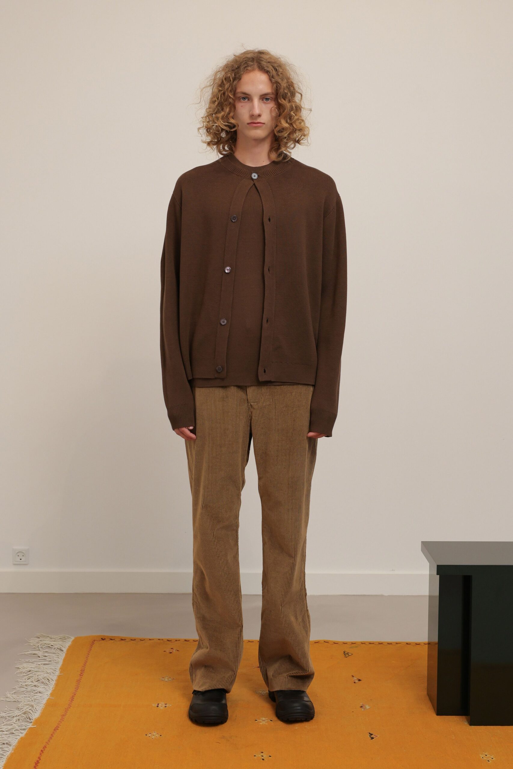 brown knit long-sleeve high-neck oversized buttoned ribbed cardigan