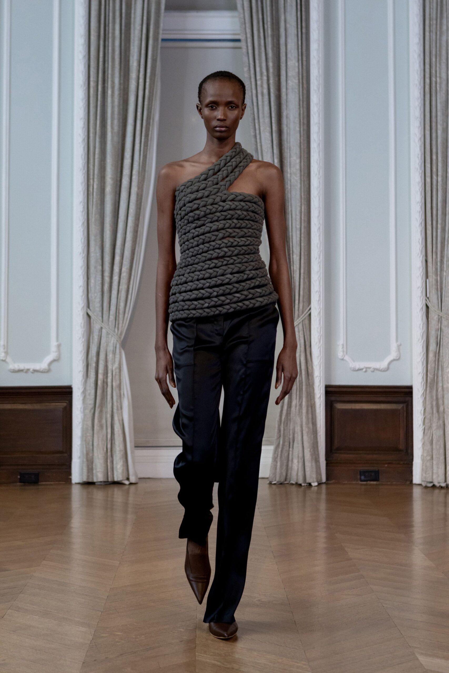 gray cotton sleeveless asymmetric fitted textured top