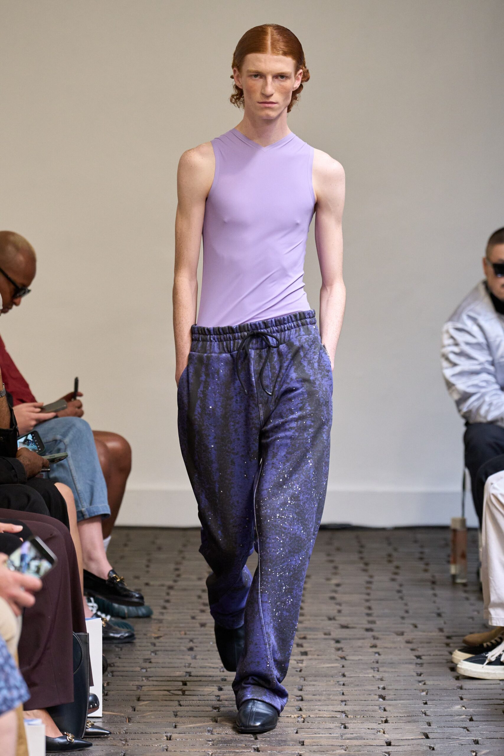 purple tank-top blue relaxed pants