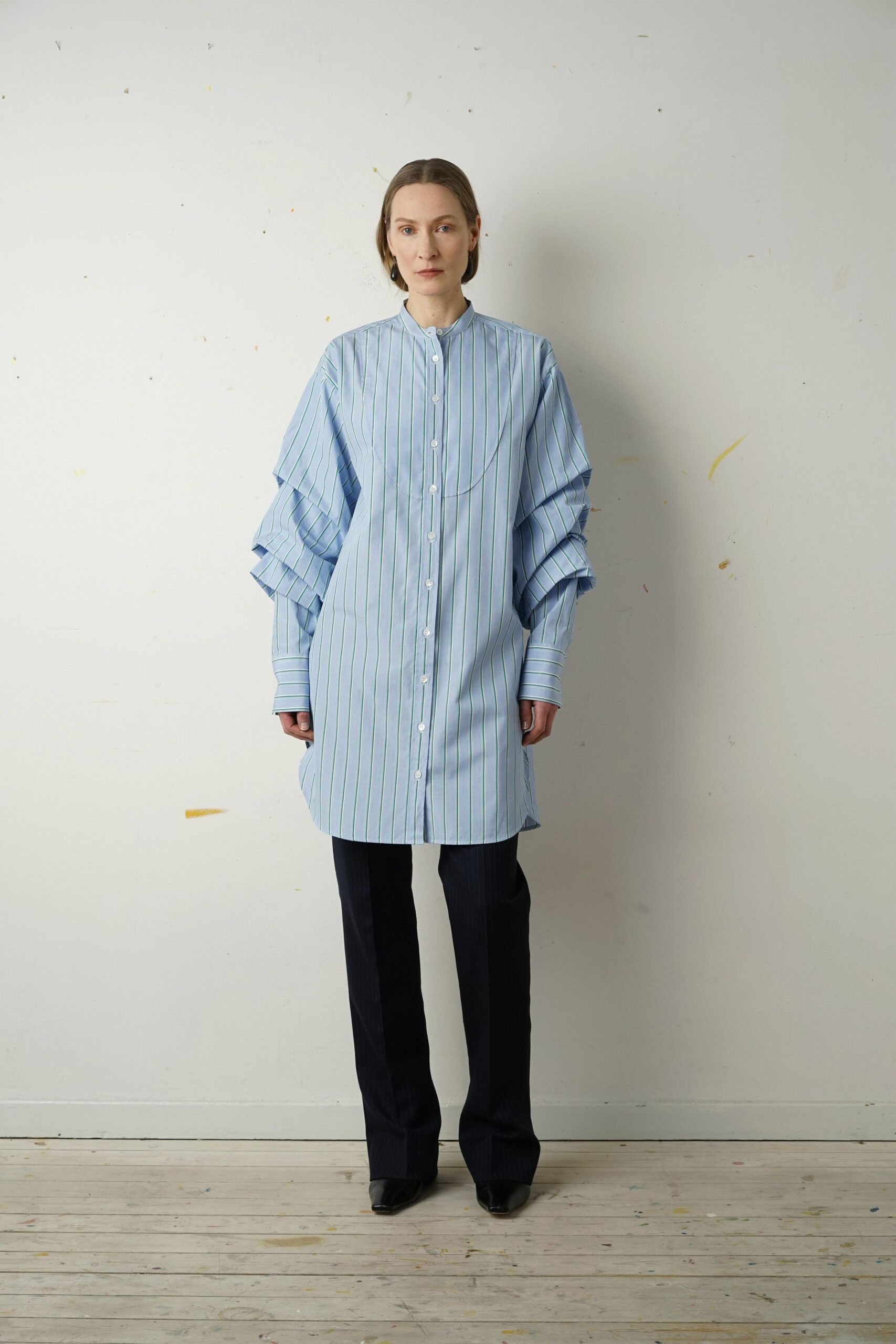 blue and white striped shirt-dress