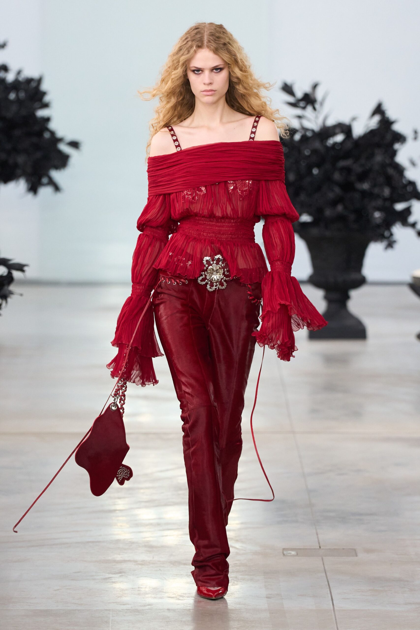 red silk long-sleeve off-shoulder fitted ruffled top