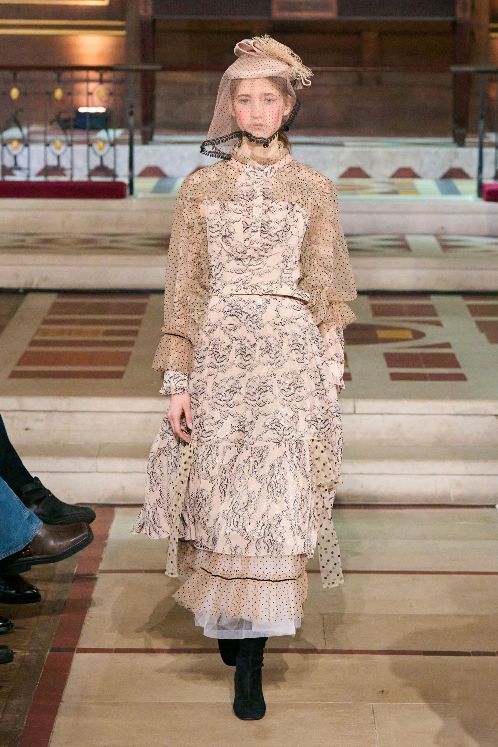 beige cotton long-sleeve high-neck fitted ruffled layered dress