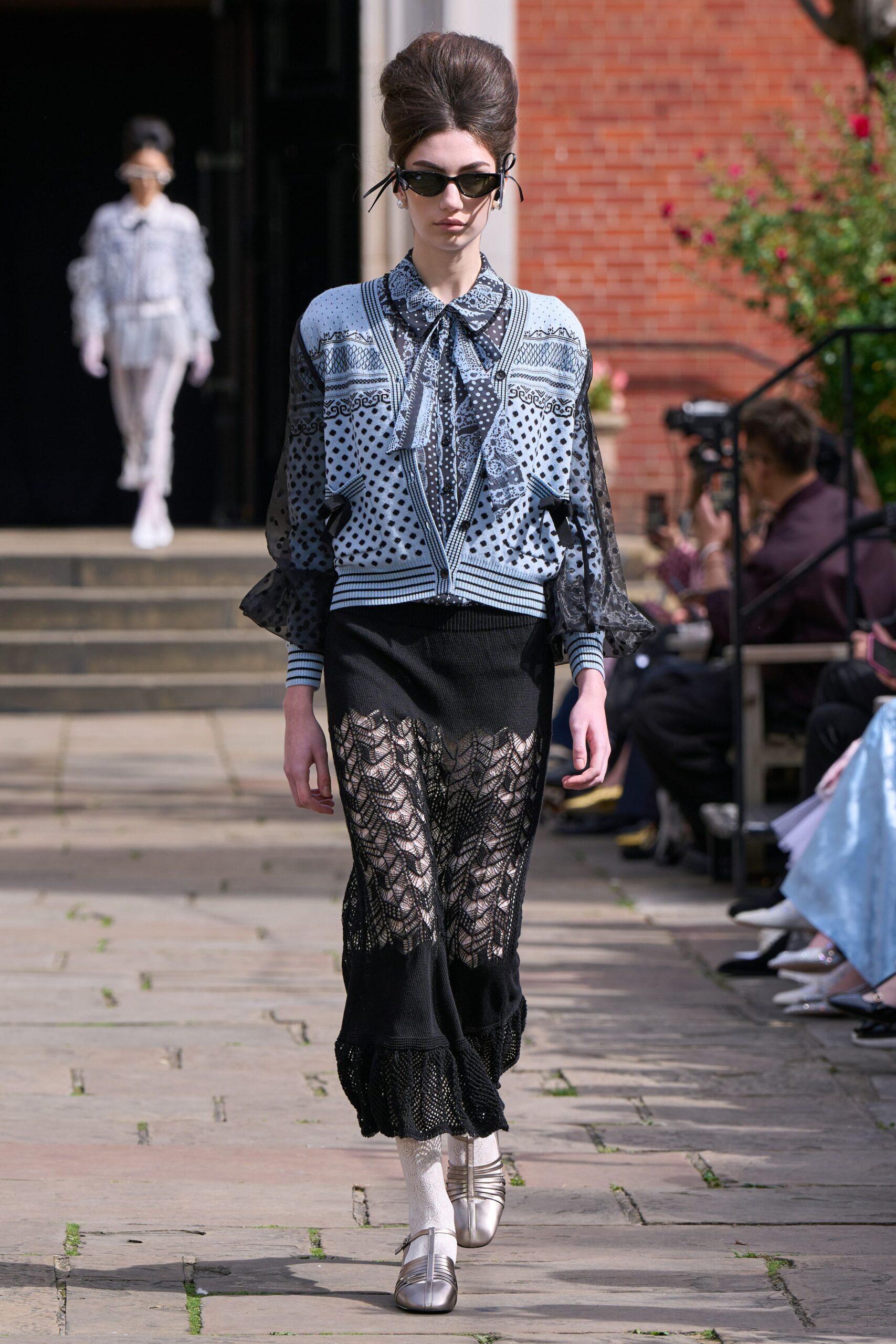 blue silk long-sleeve collared fitted polka-dot embroidered blouse
