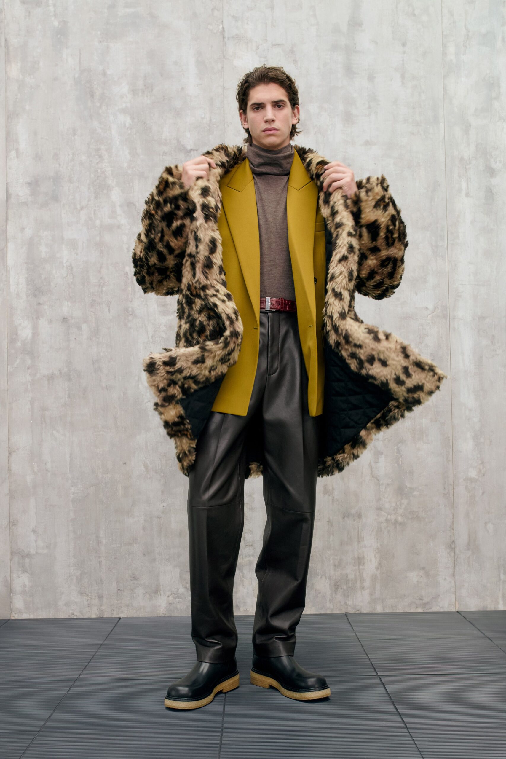 brown faux-fur coat with yellow blazer