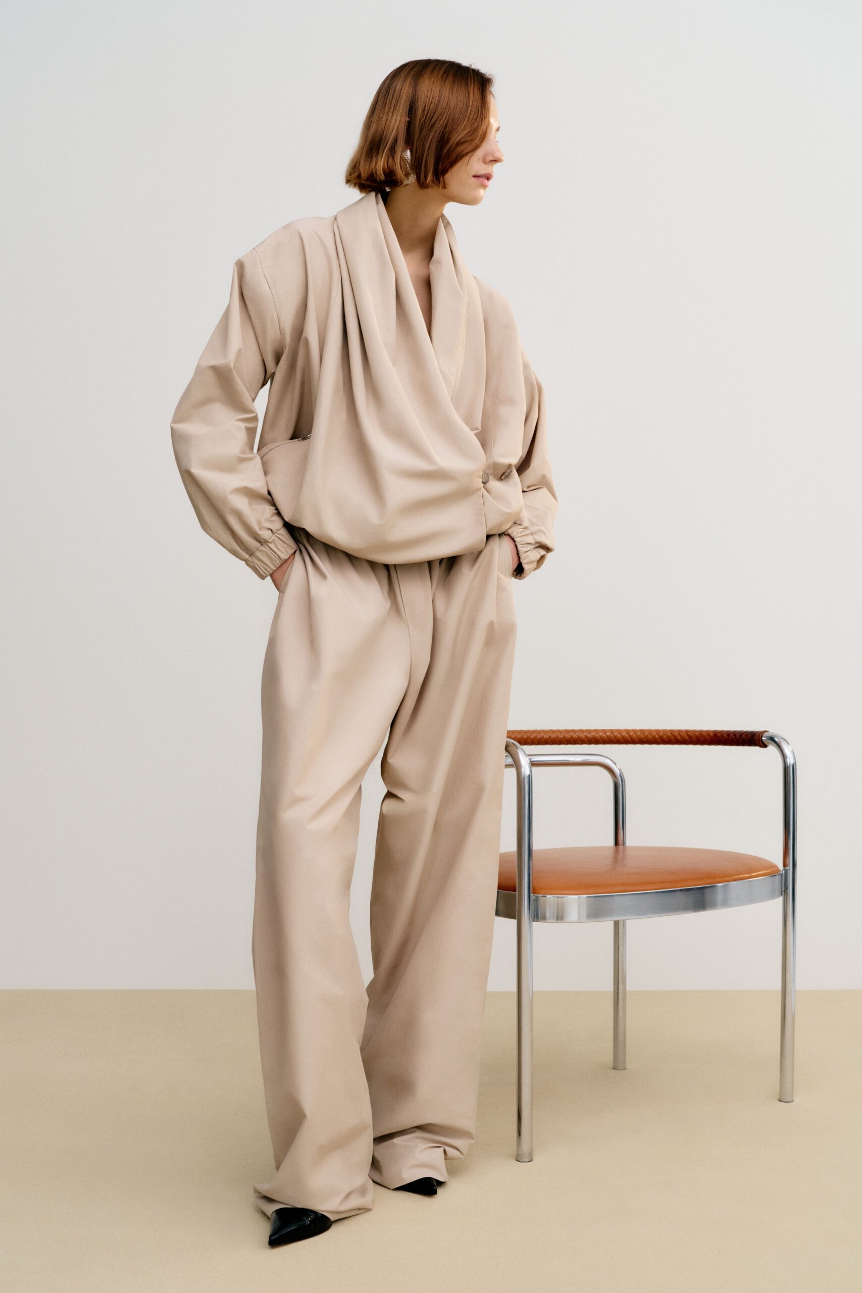 beige silk long-sleeve v-neck oversized draped flowing blouse