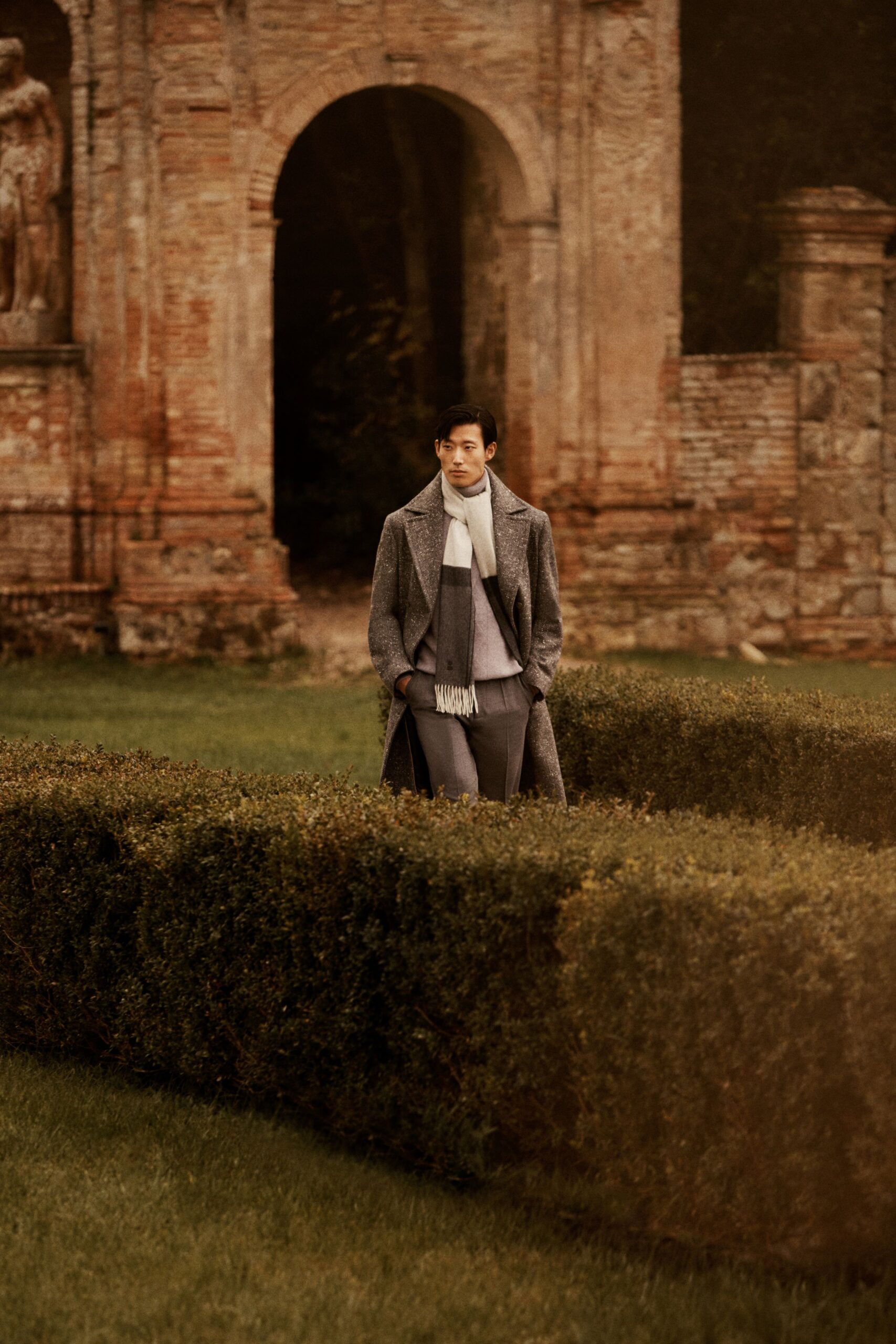 gray wool coat with scarf