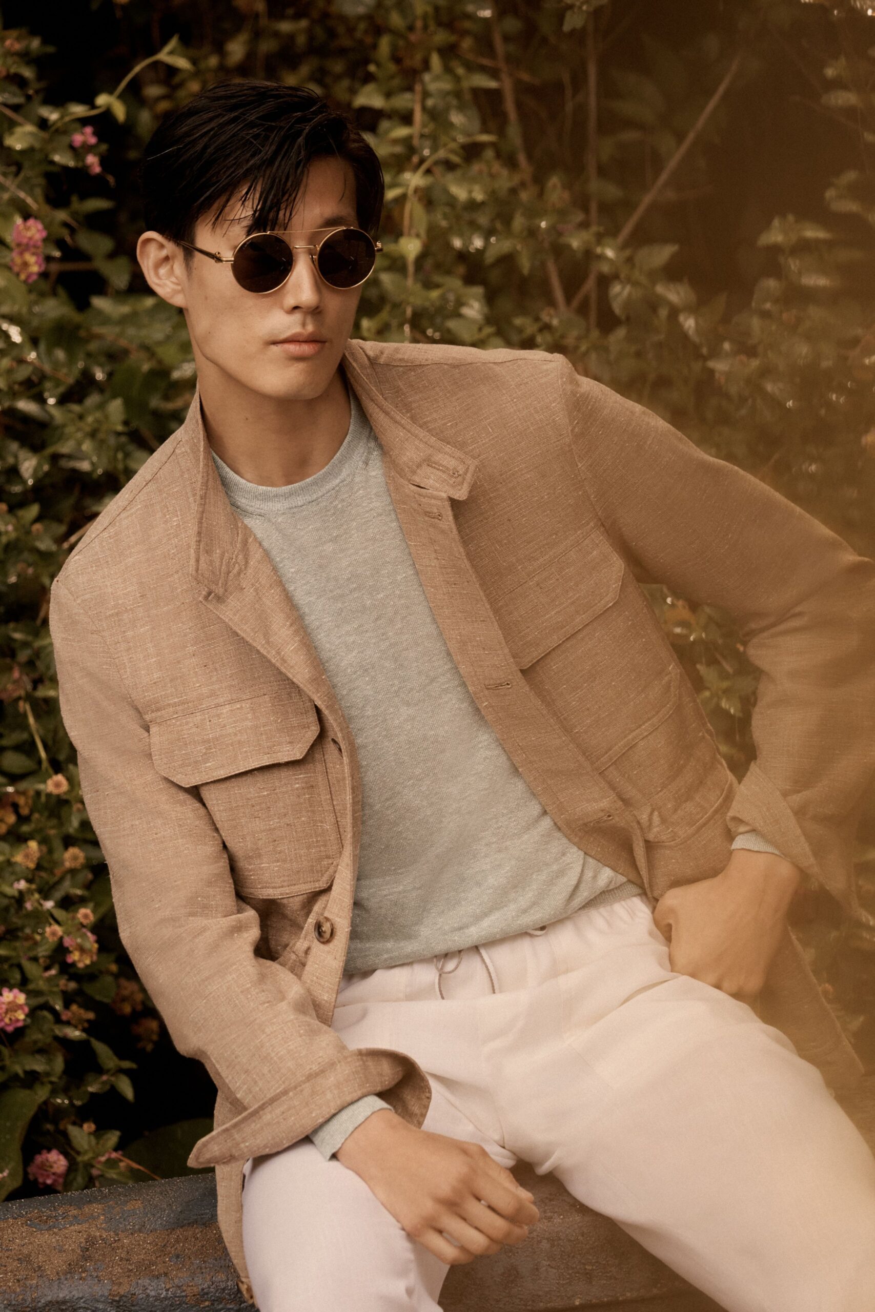 beige jacket gray top white pants