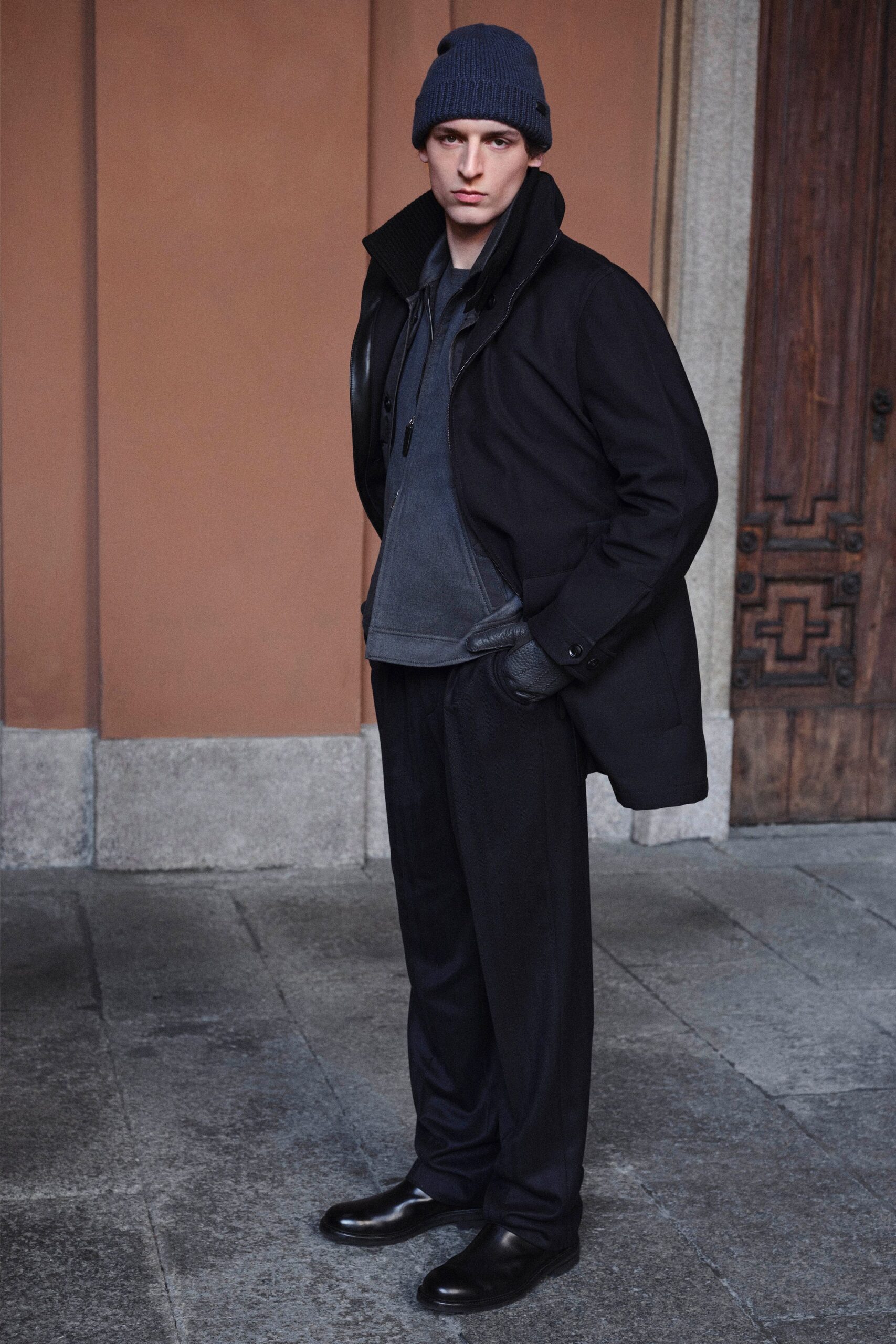 black wool coat with hoodie
