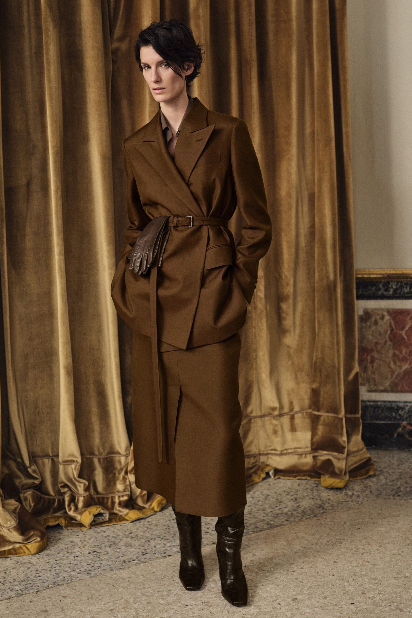 brown wool long-sleeve collared tailored belted blazer