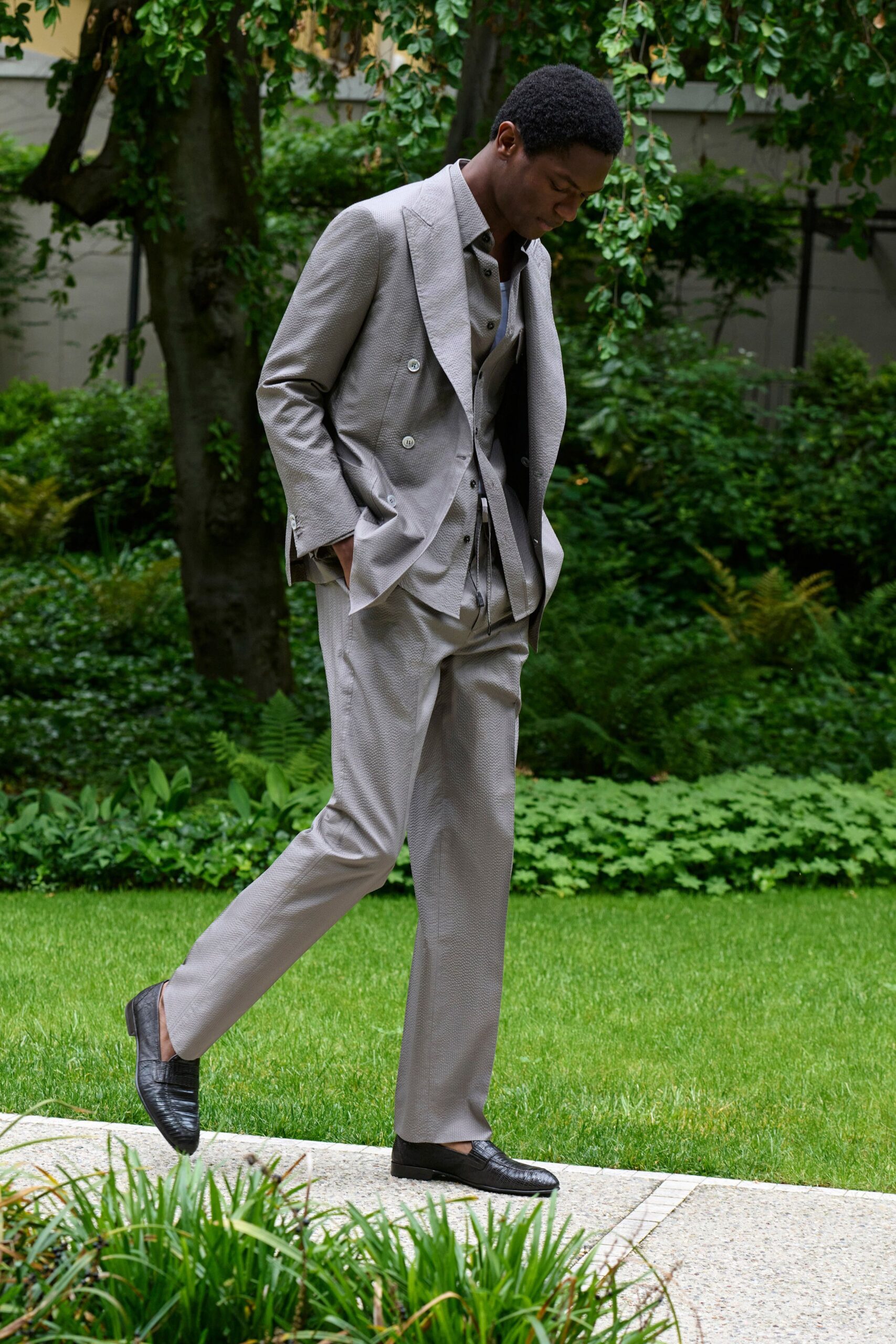 gray tailored suit with shirt and shoes