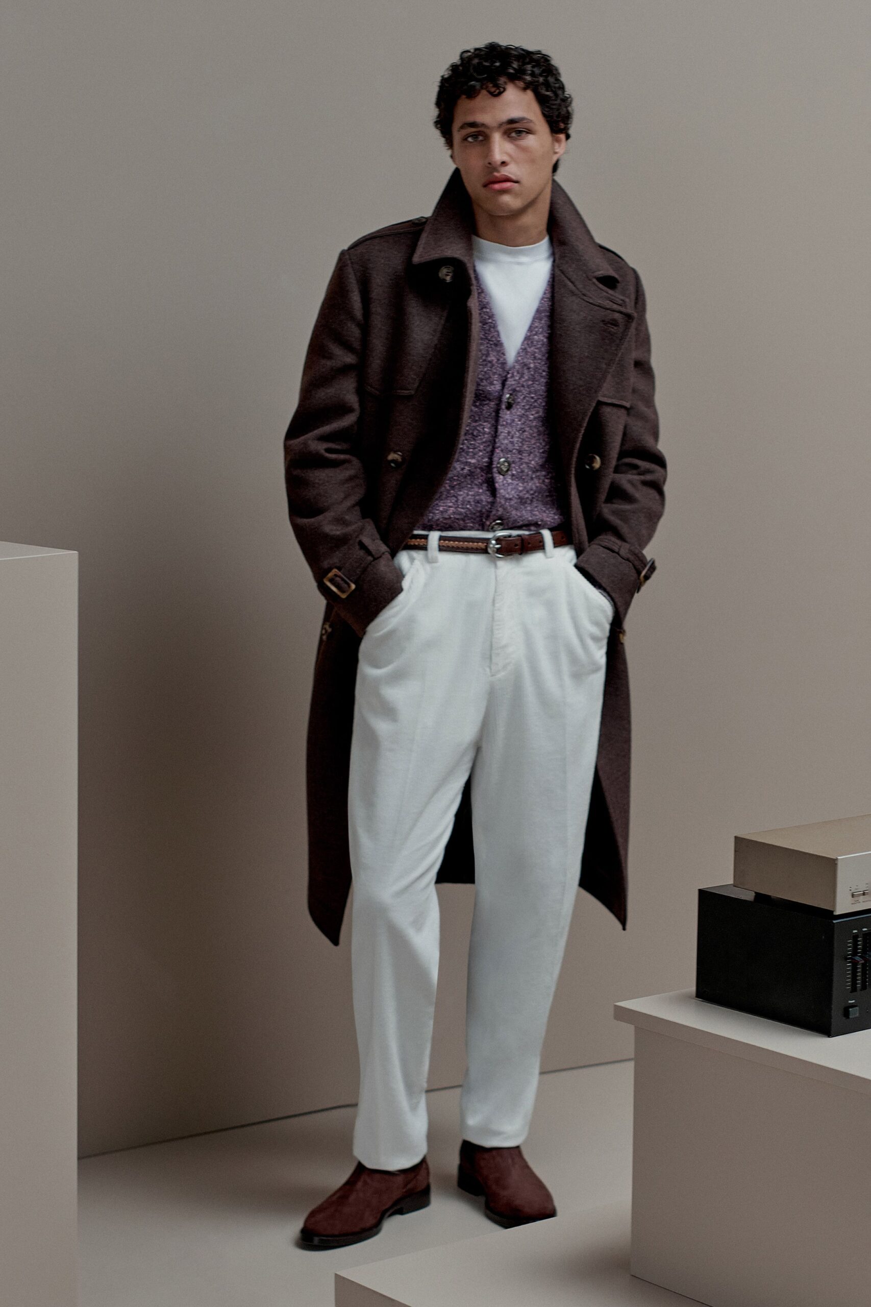brown wool long-sleeve collared structured buttoned coat