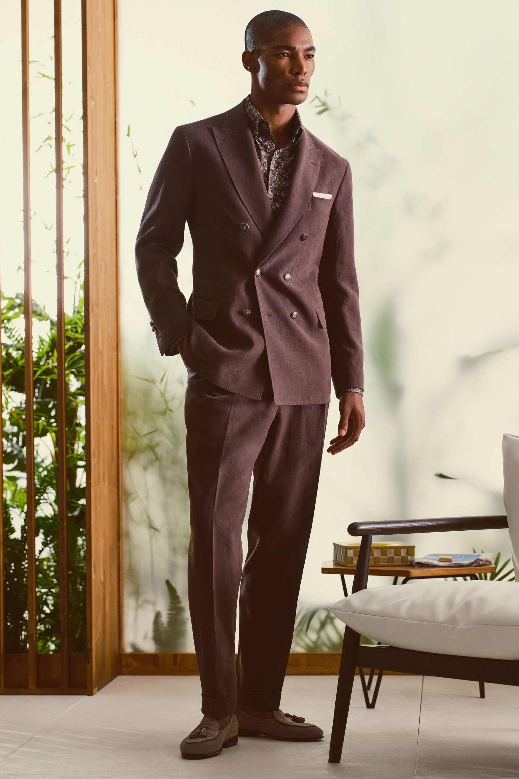 brown tailored suit with shoes