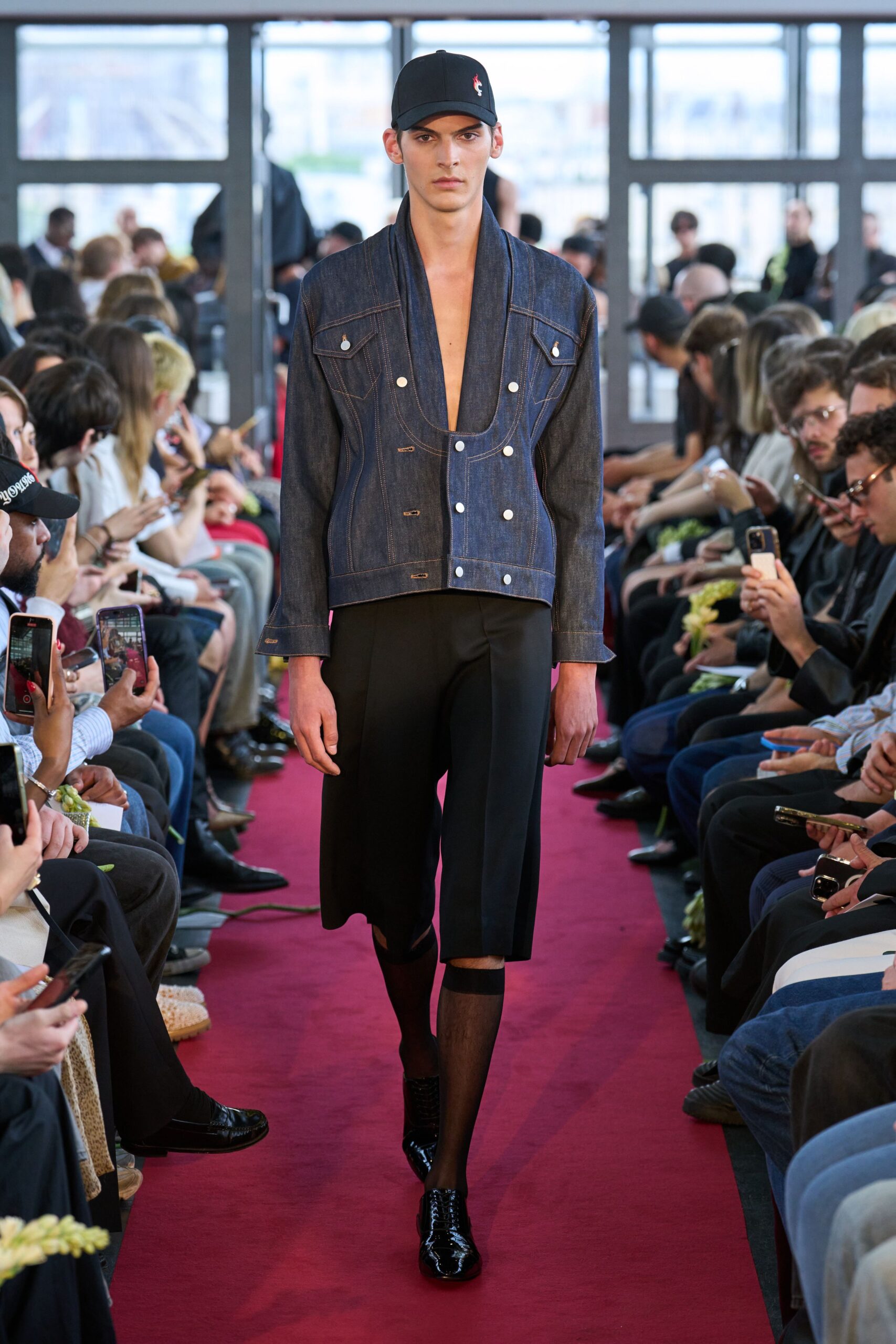 blue denim long-sleeve collared structured buttoned jacket