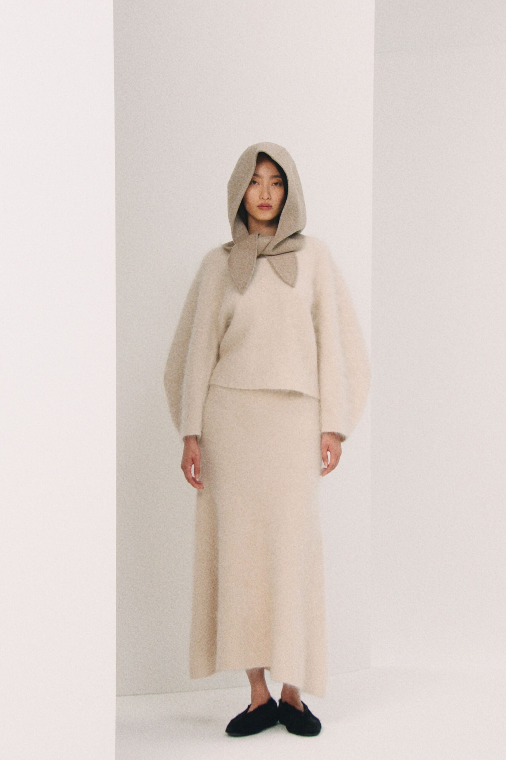 beige wool fitted straight-leg maxi skirt