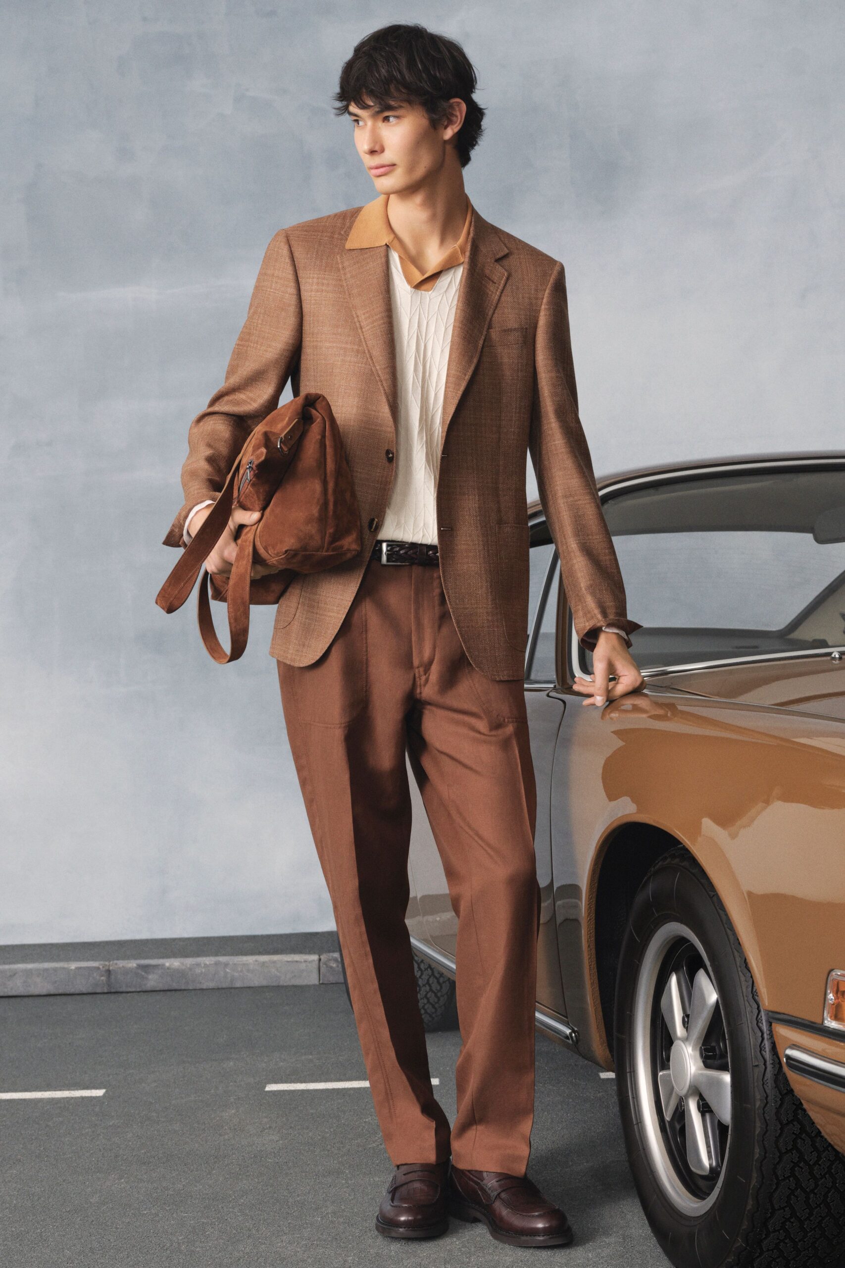 brown suede structured bag