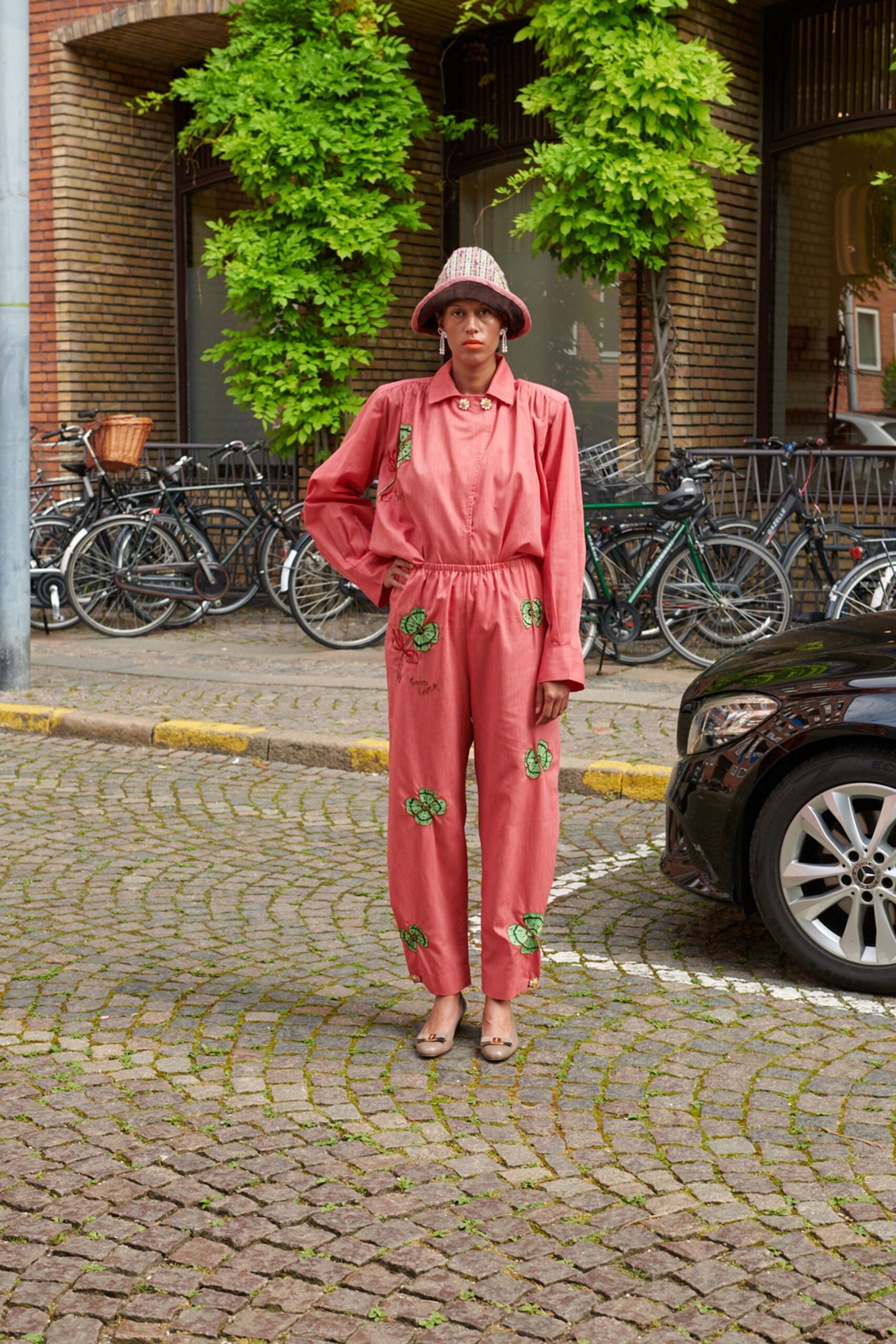 pink cotton long-sleeve collared relaxed embroidered jumpsuit