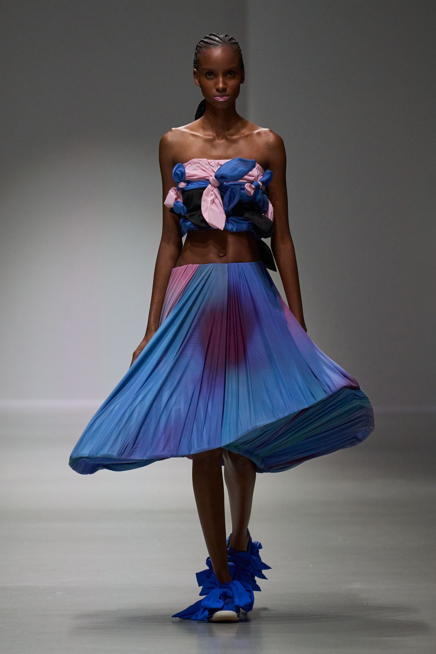 blue silk strapless fitted pleated top