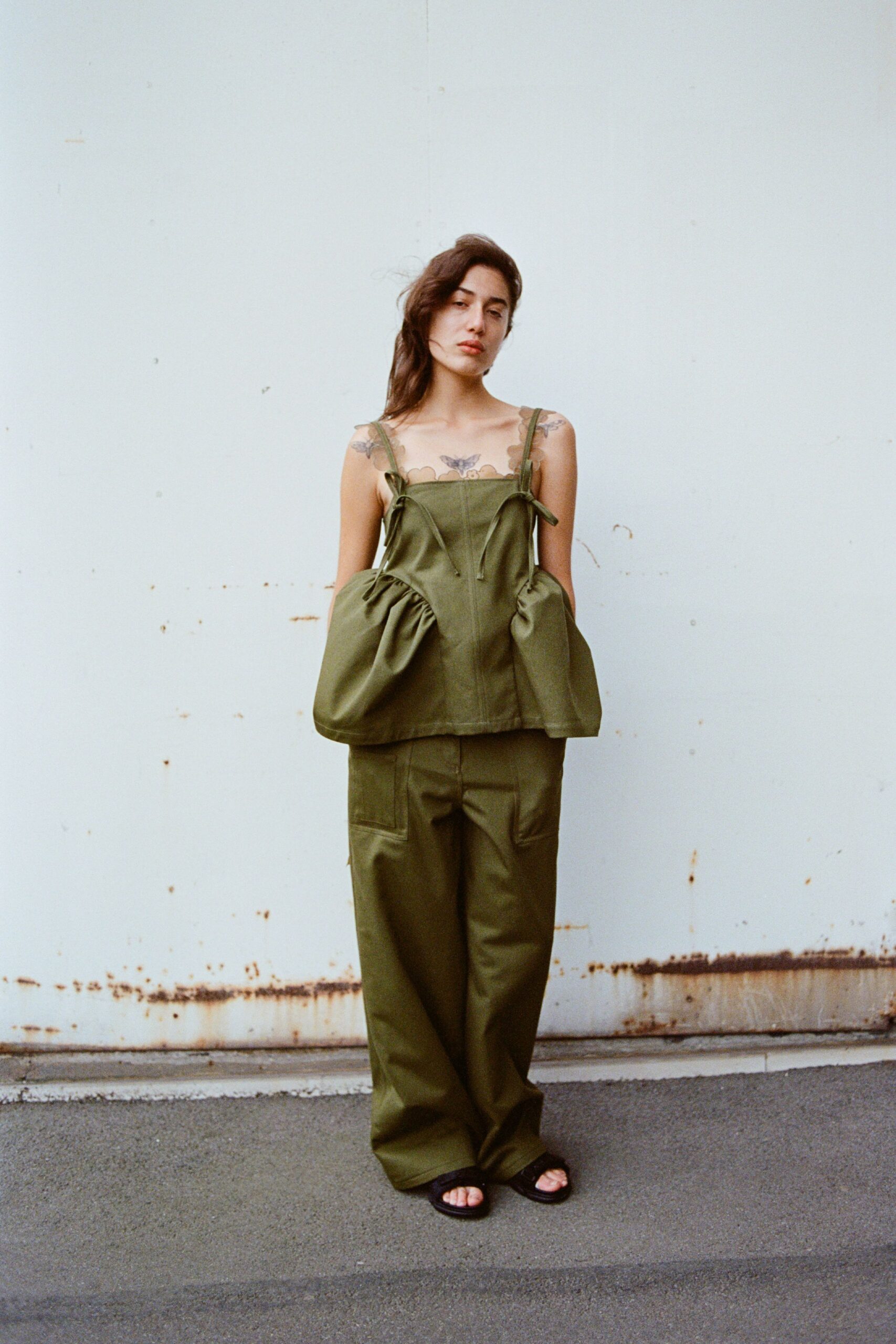 green relaxed jumpsuit with pockets