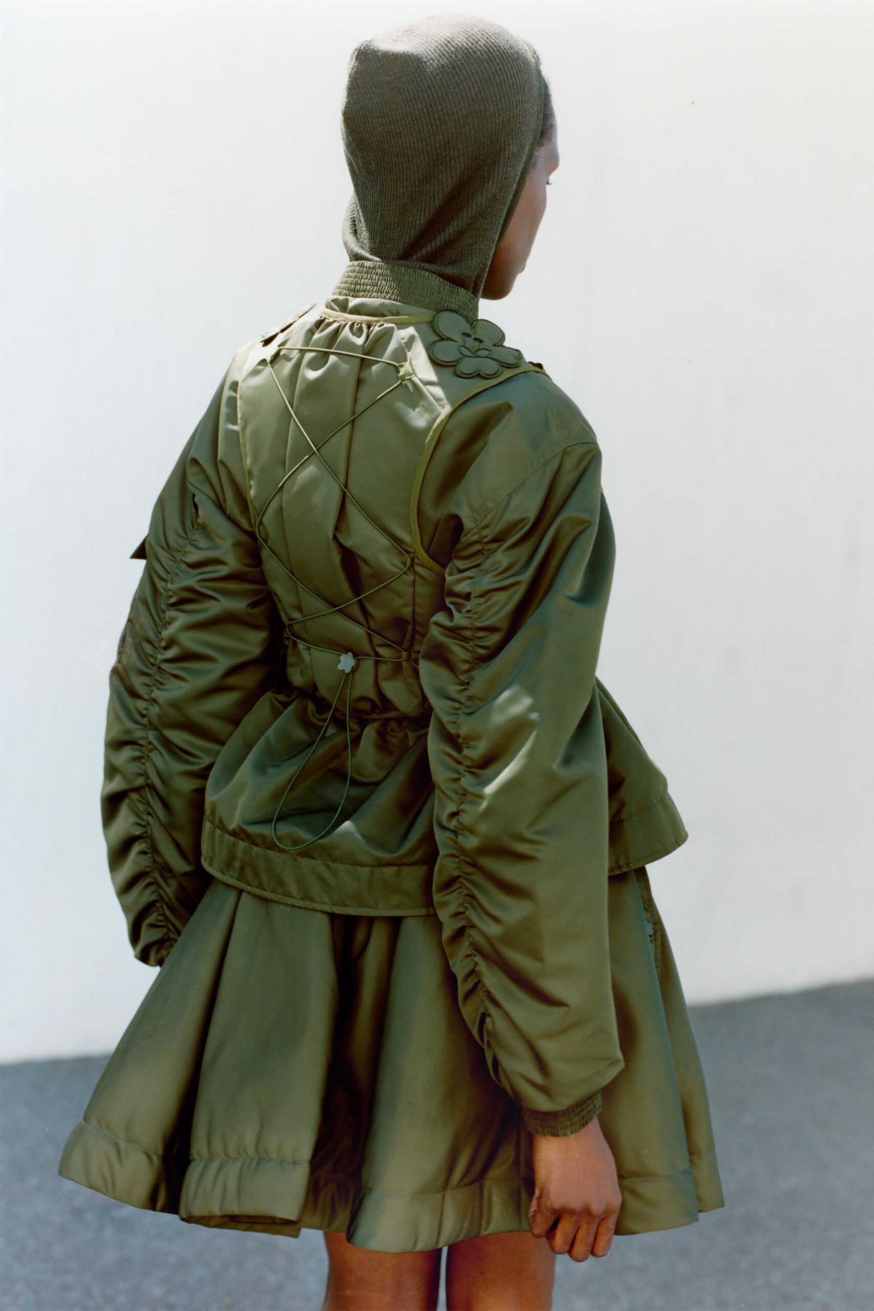 green satin long-sleeve high-neck oversized ruched layered jacket