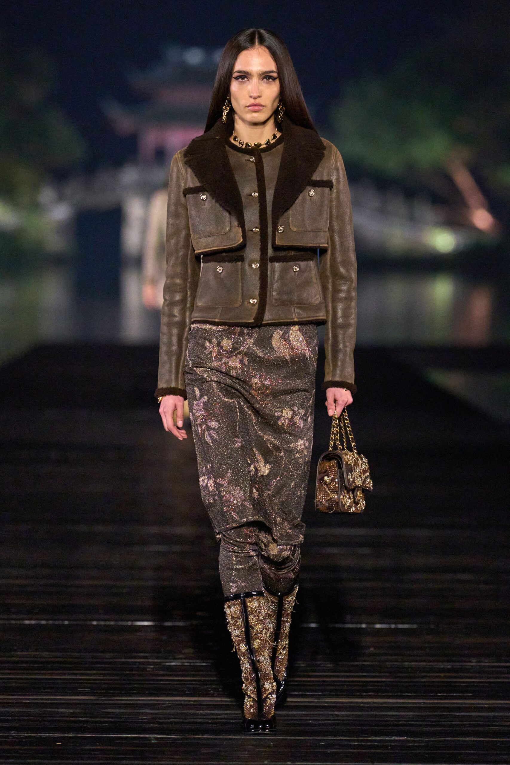 brown leather jacket with embellished skirt