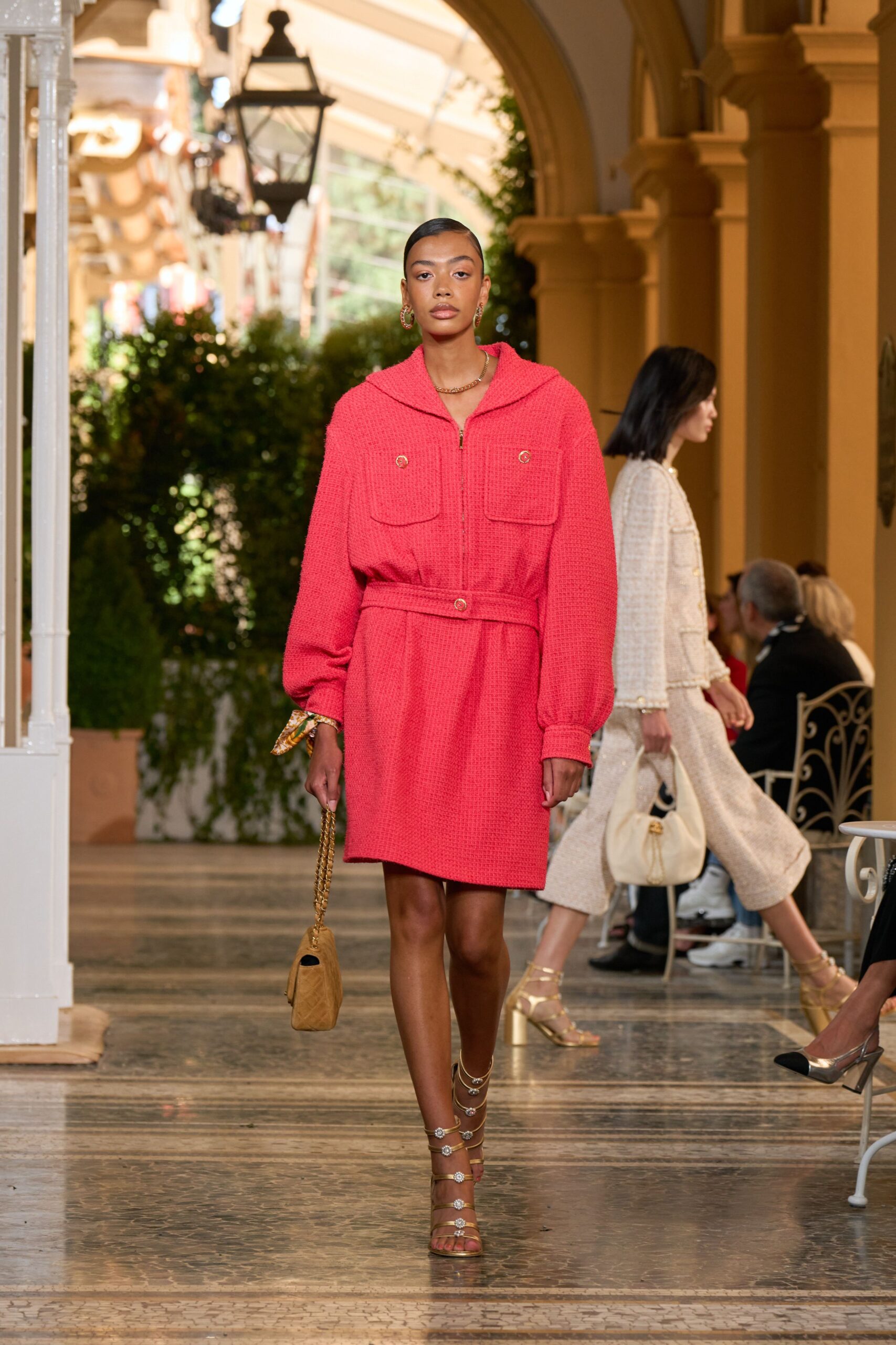 pink cotton long-sleeve high-neck structured pockets buttoned dress