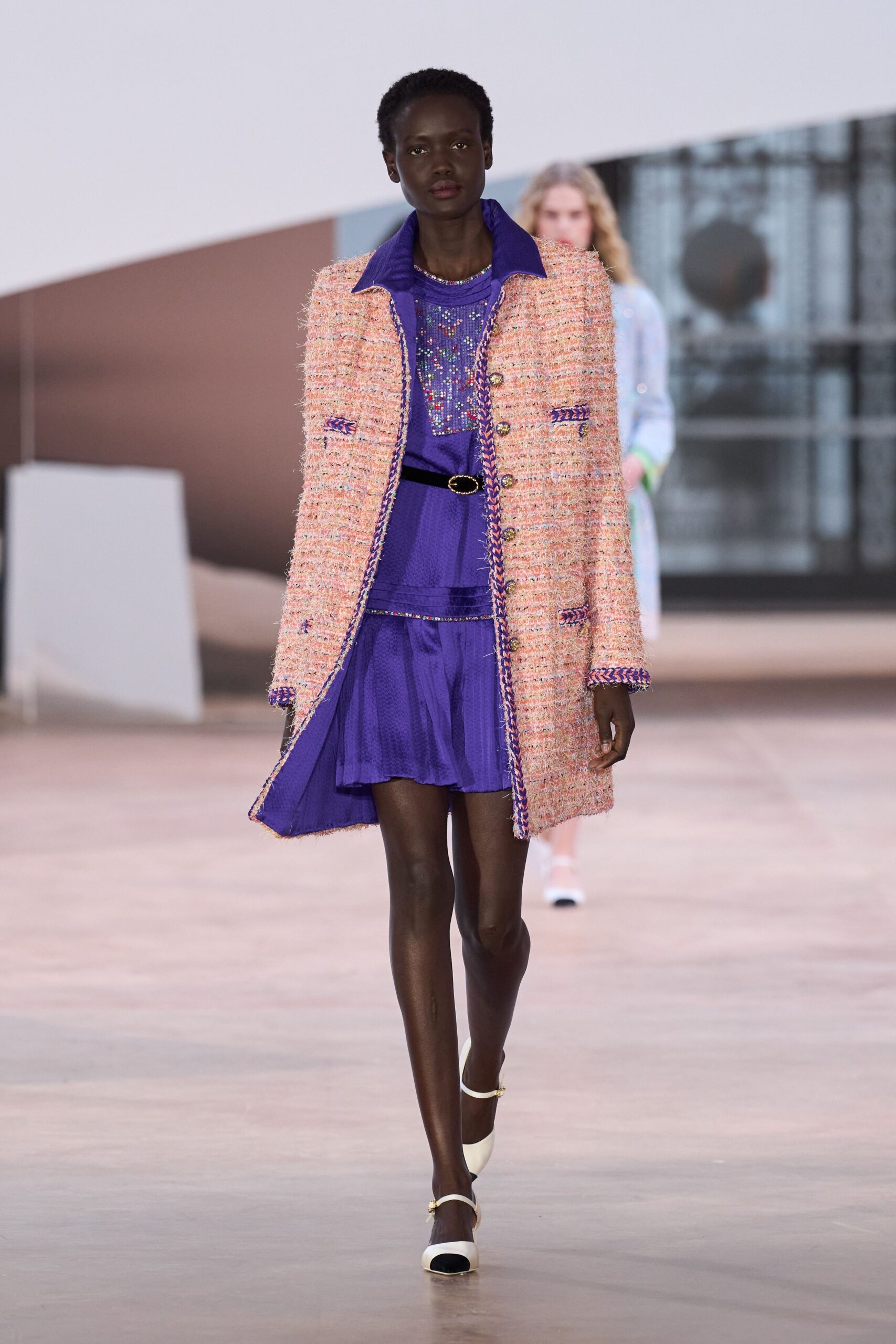 pink tweed long-sleeve collared structured buttoned layered coat