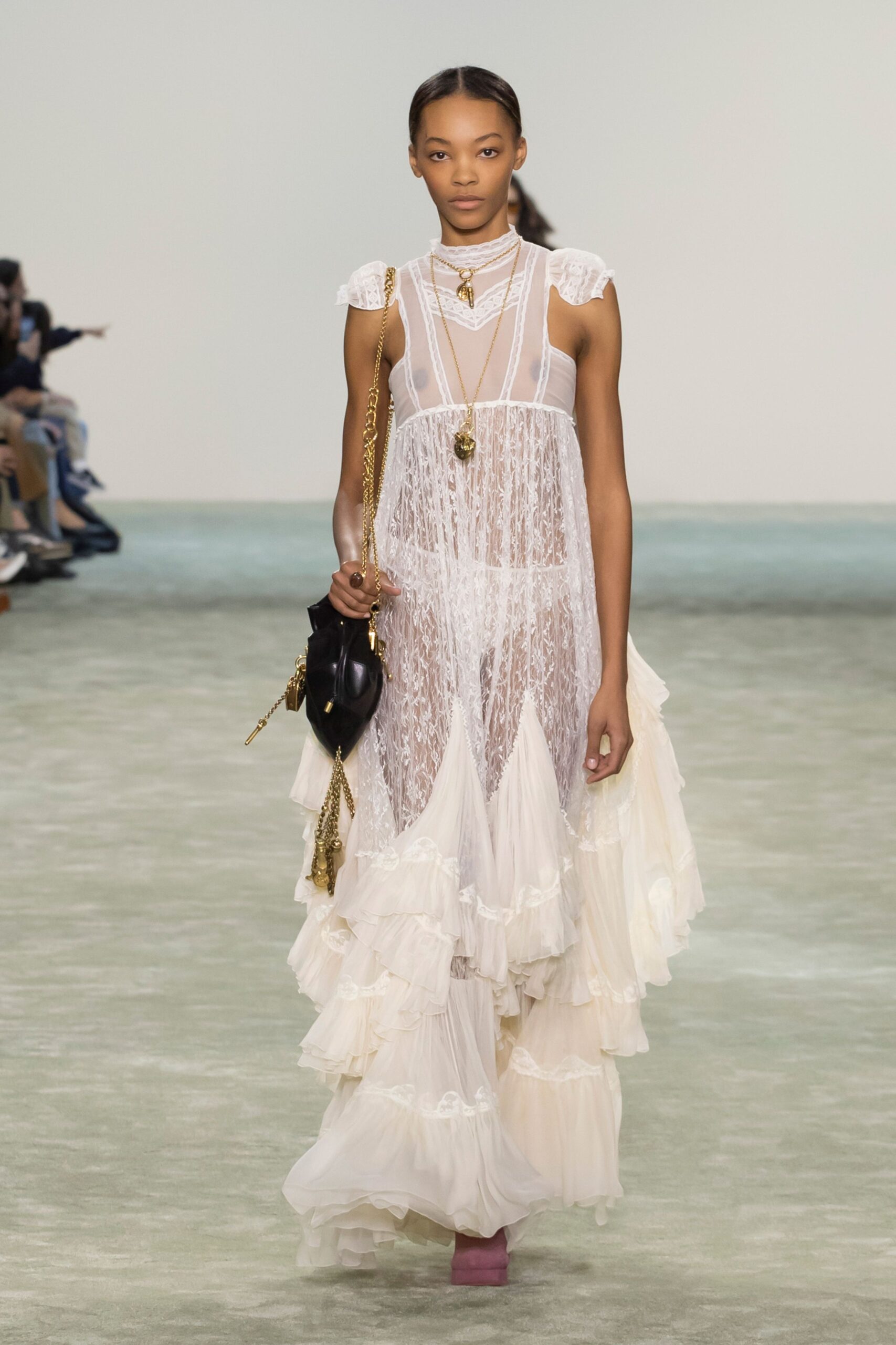 white lace sleeveless v-neck relaxed ruffled tiered dress