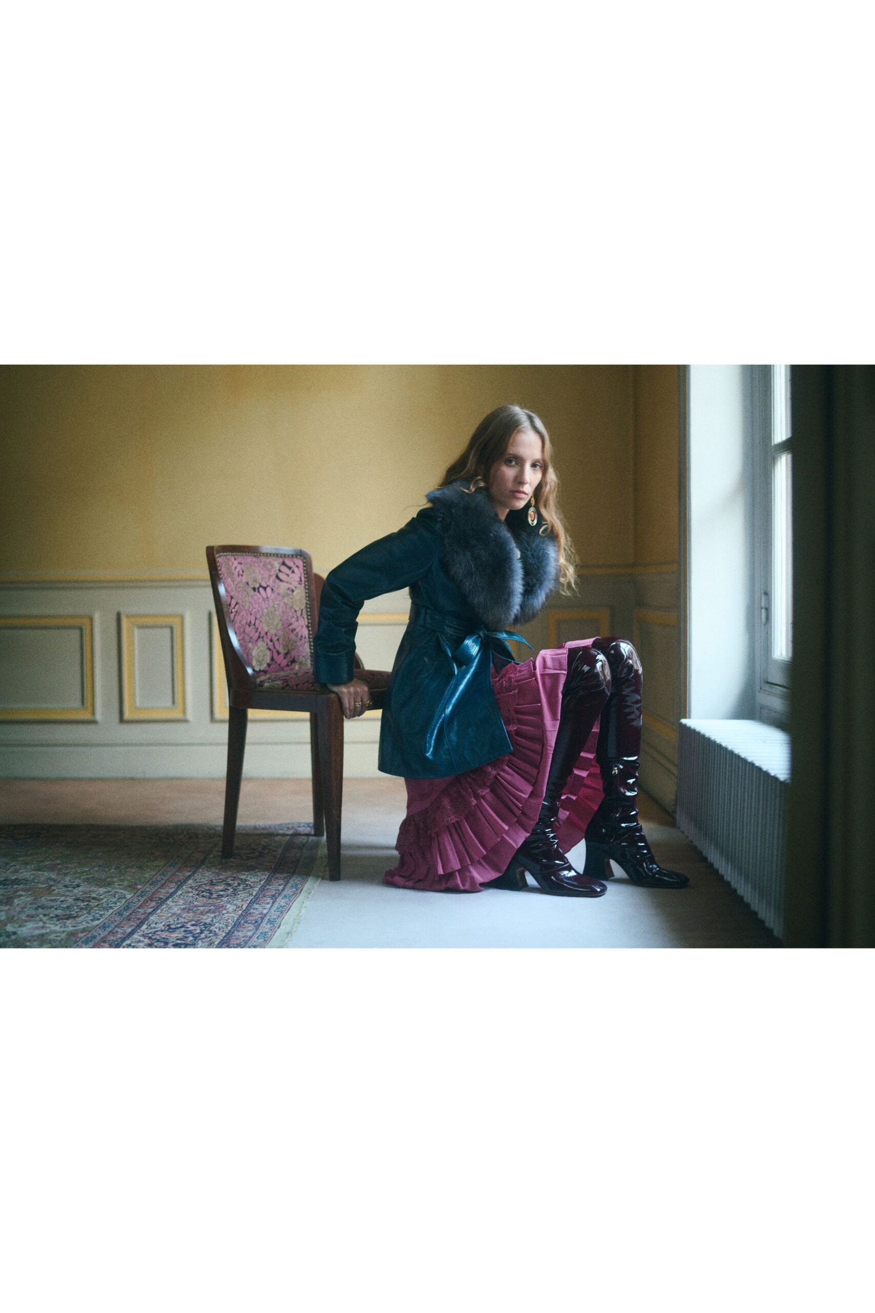 teal faux-fur long-sleeve collared relaxed layered coat