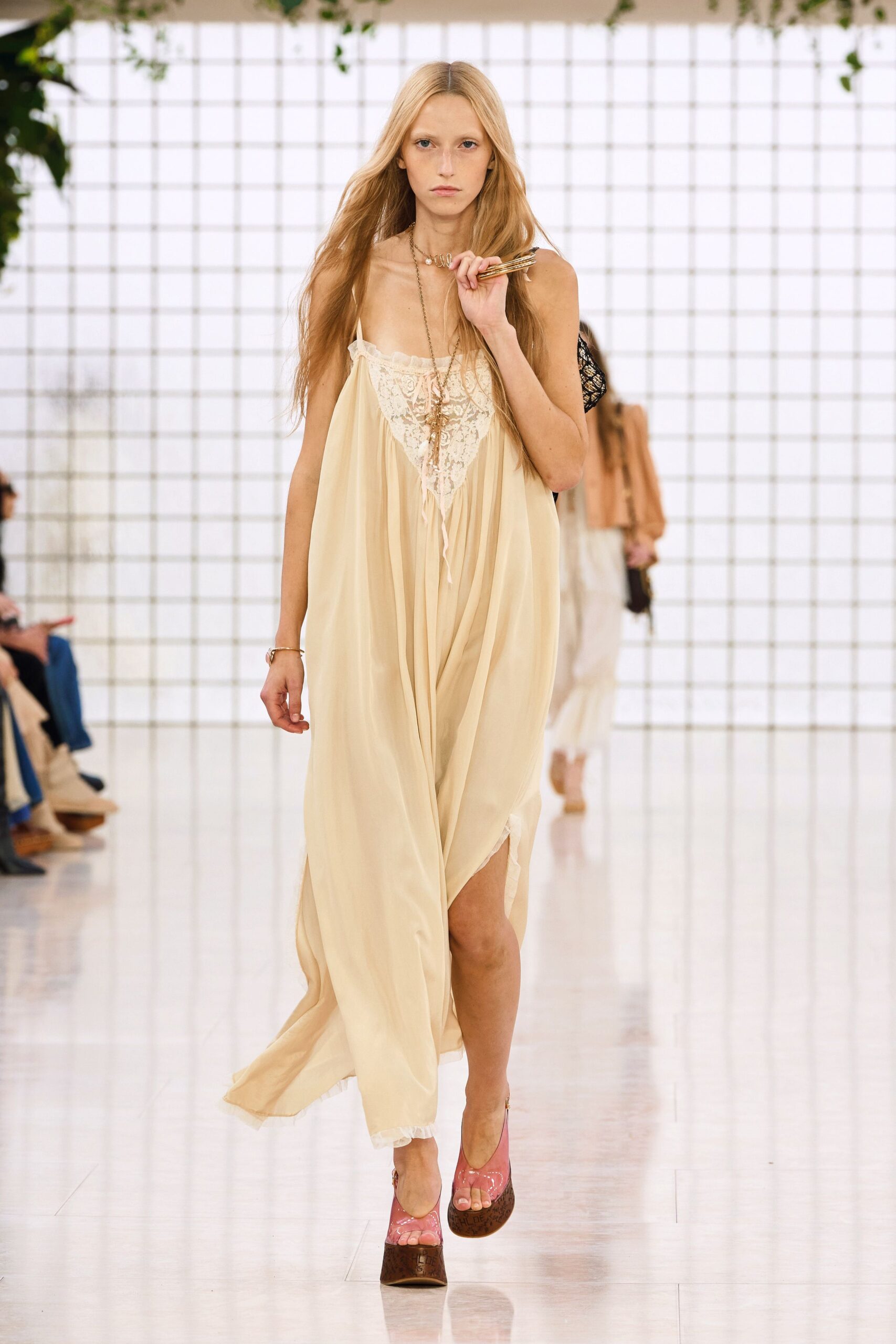 beige silk relaxed maxi dress with platform shoes