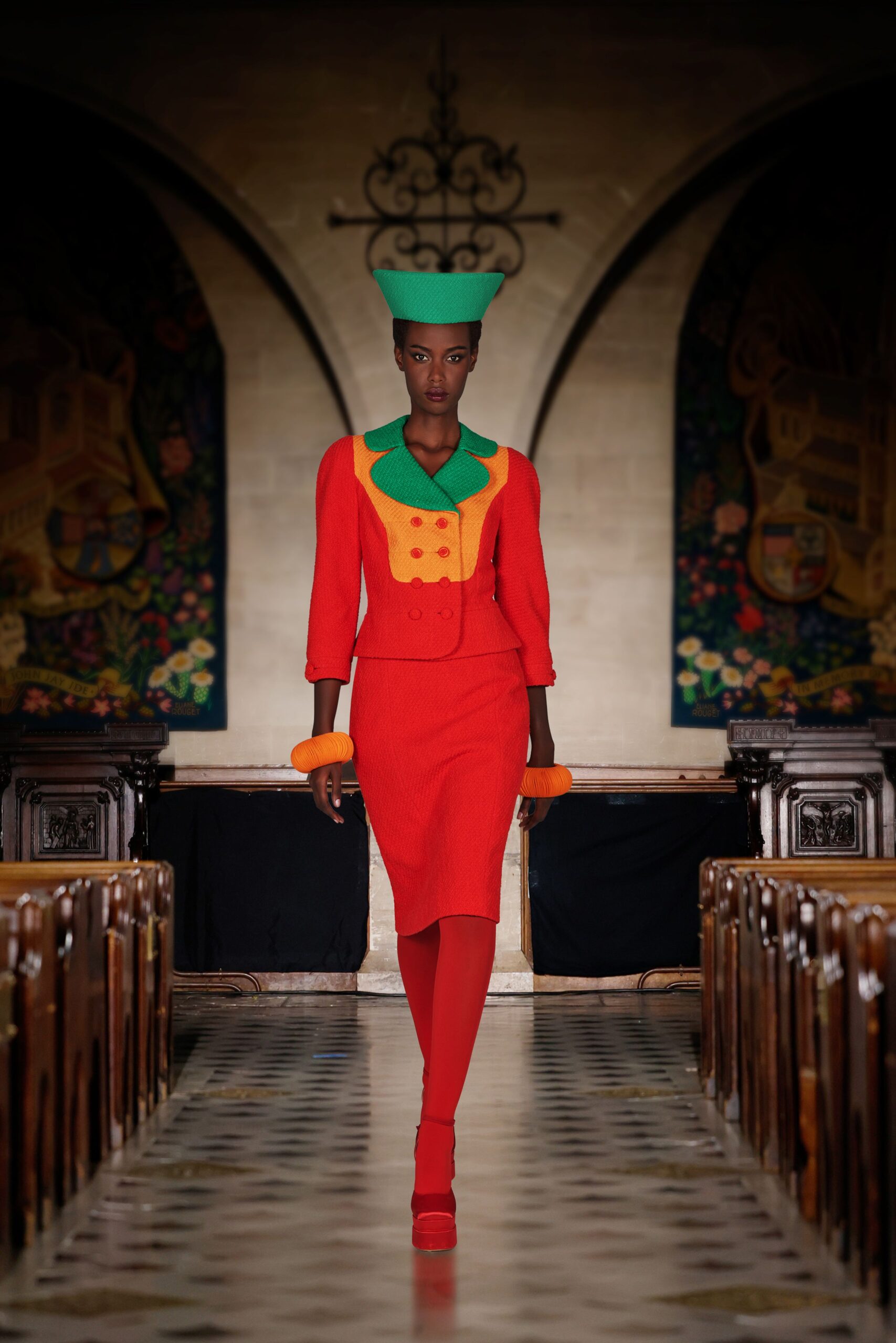 red knit long-sleeve collared fitted buttoned midi dress