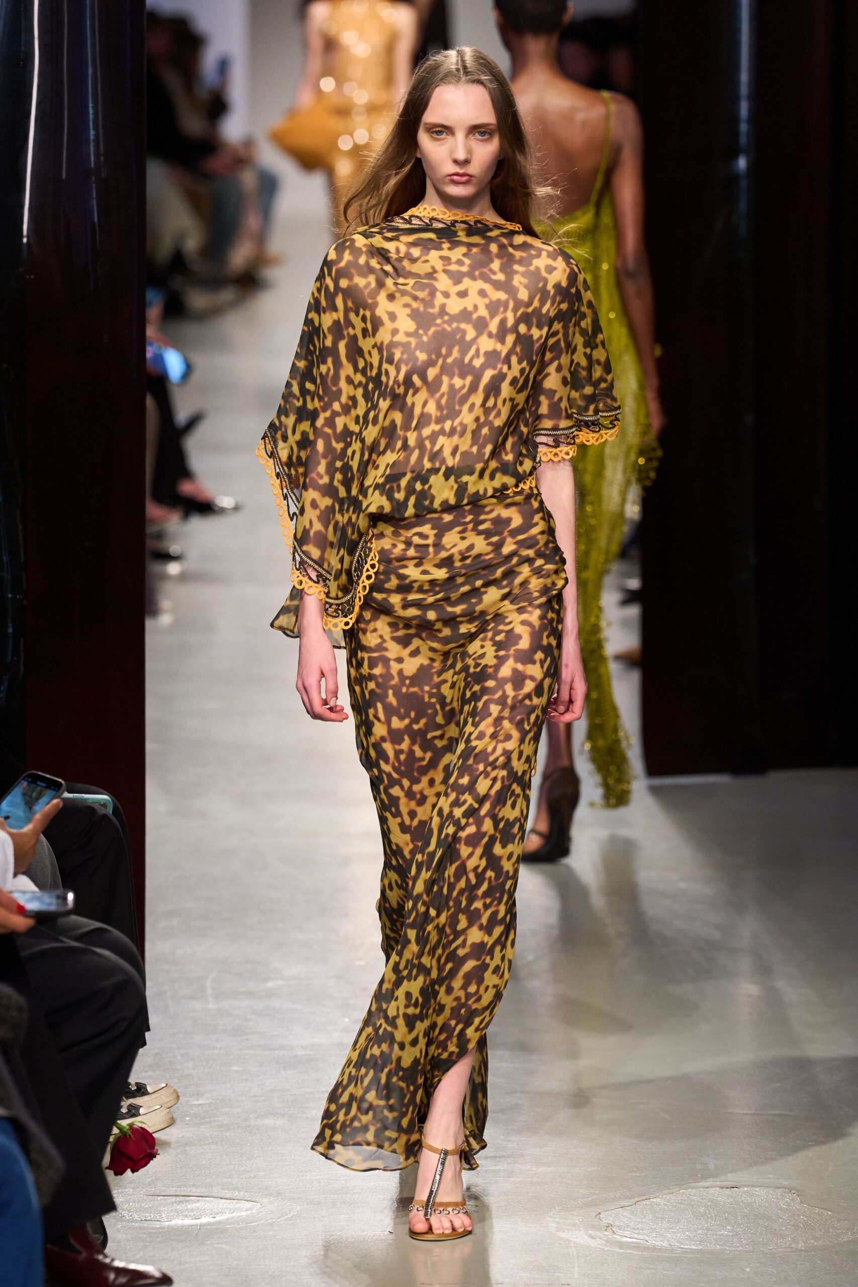 brown silk sleeveless v-neck fitted animal-print layered dress