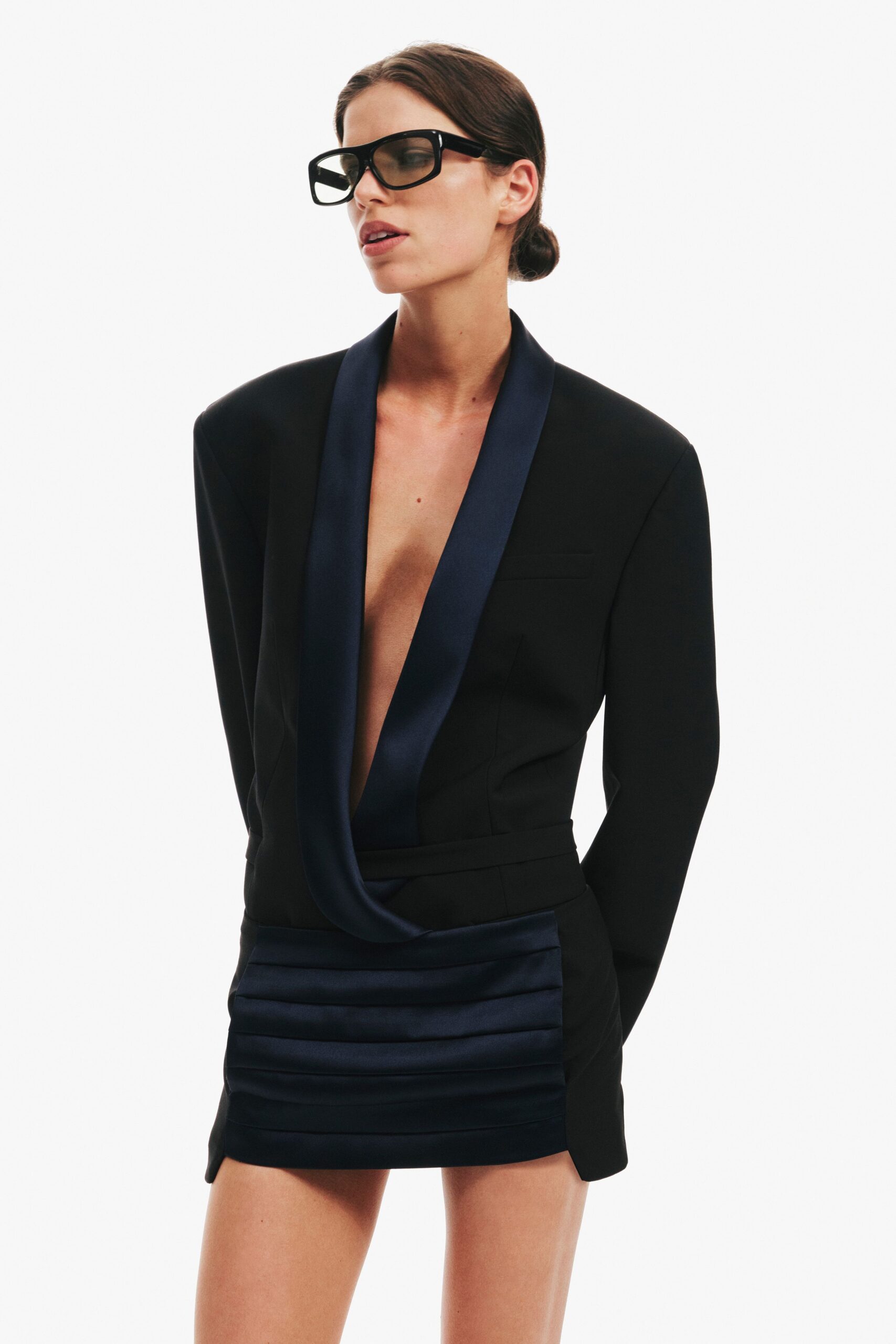 black cotton long-sleeve v-neck structured draped blazer