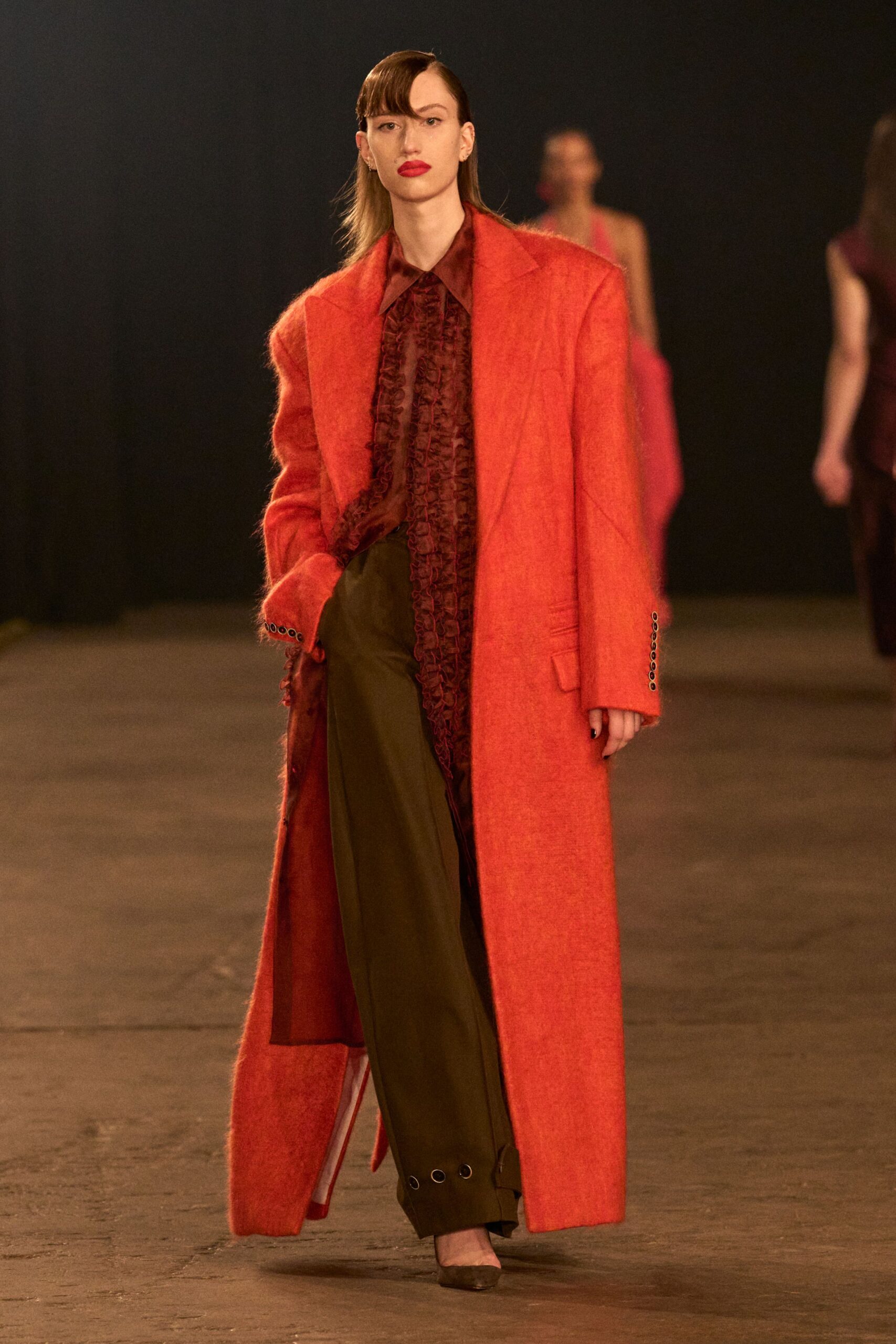 orange wool long-sleeve collared oversized buttoned coat
