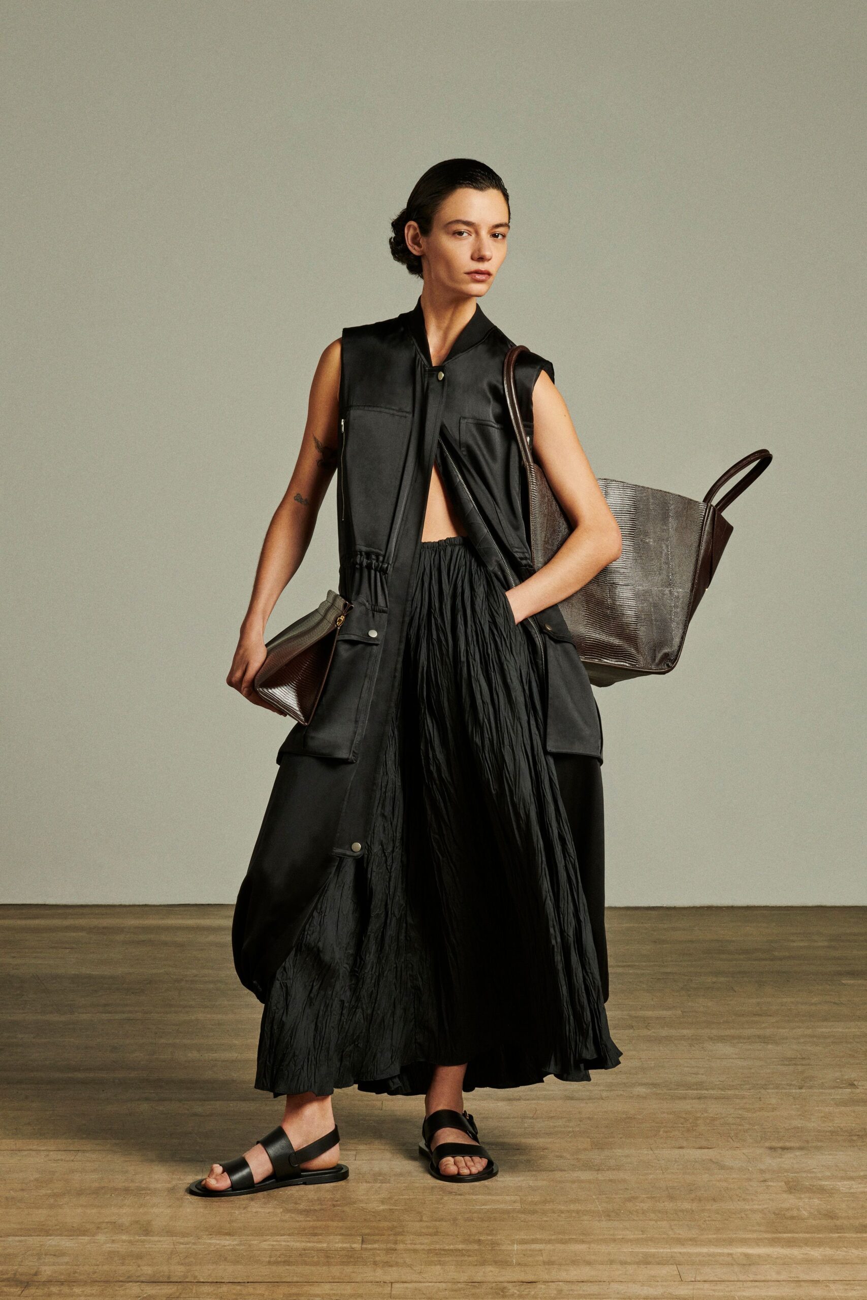 black silk sleeveless collared relaxed draped top