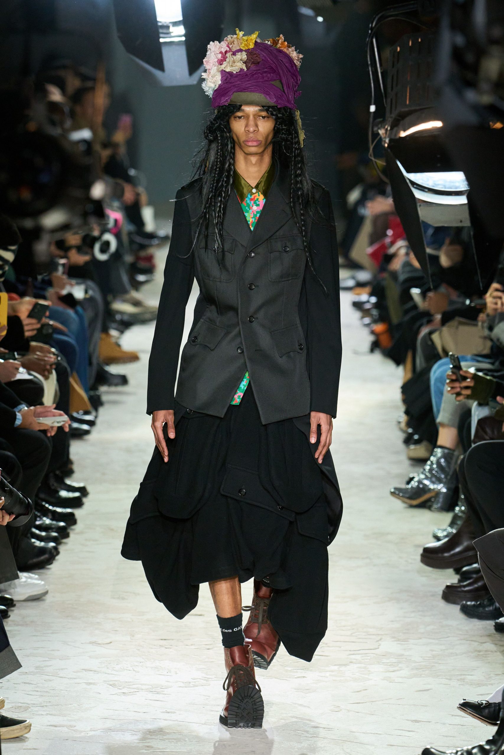 black tailored blazer with tiered skirt