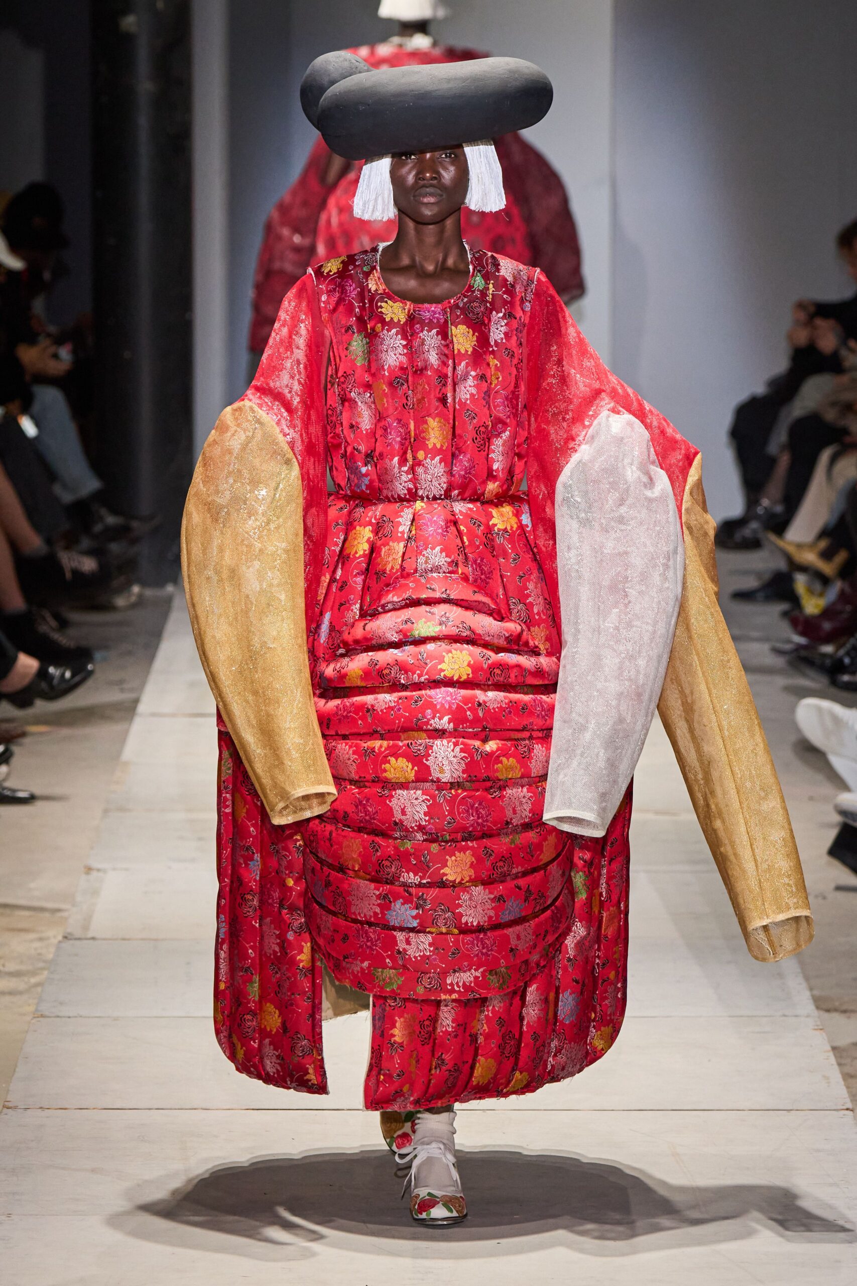 red silk long-sleeve collared relaxed embroidered layered dress