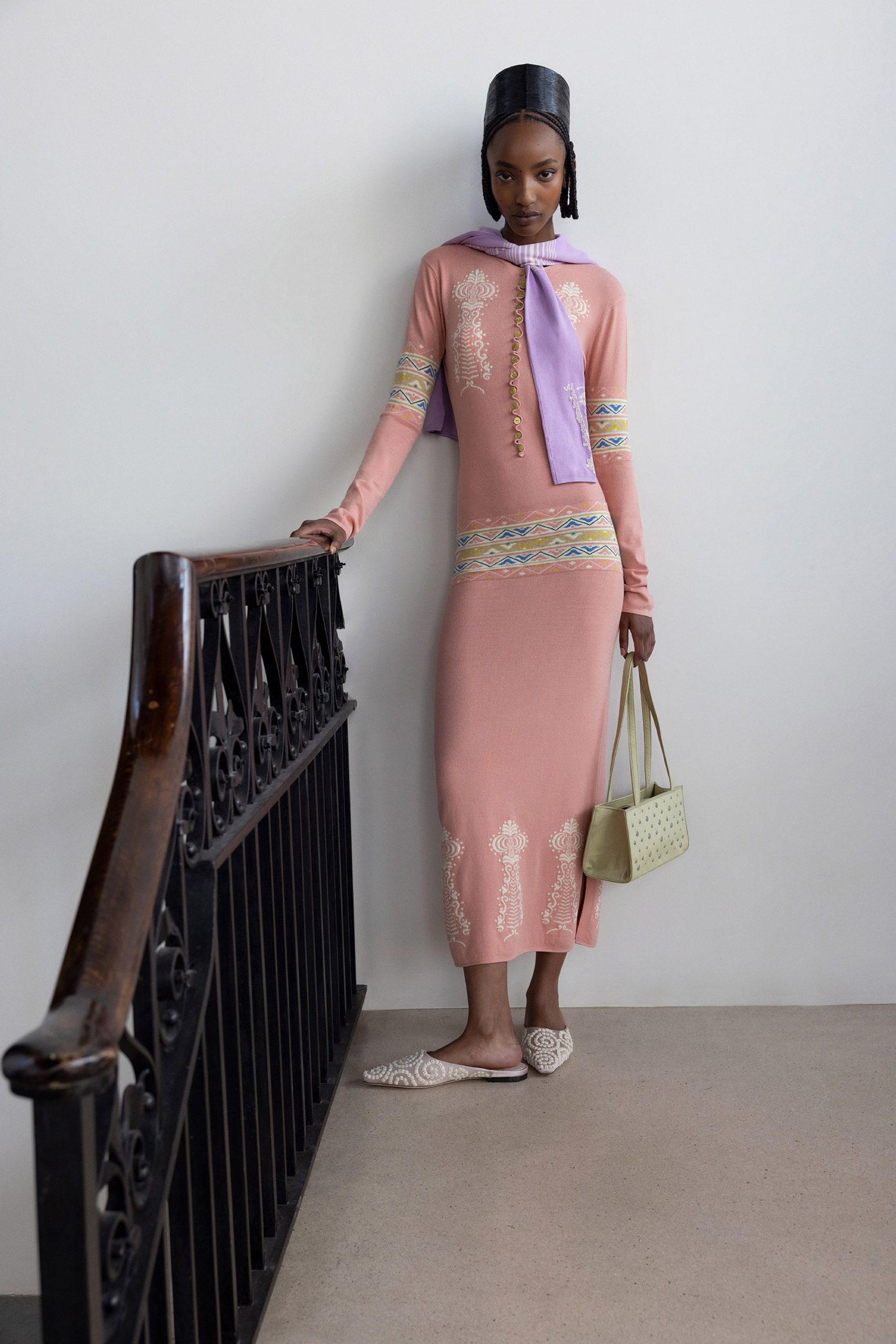 pink cotton long-sleeve scoop-neck fitted embroidered straight-leg dress