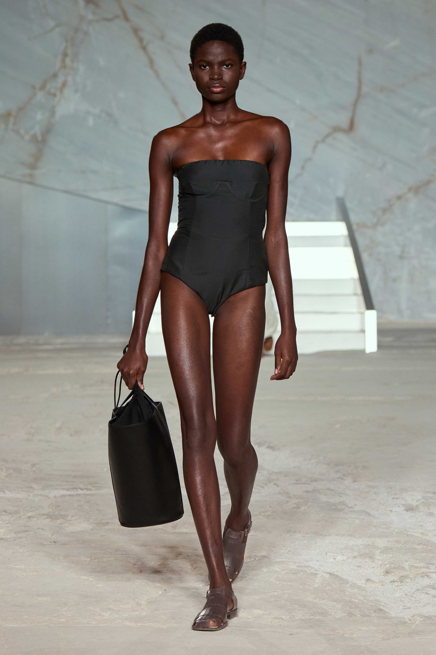 black cotton strapless fitted swimsuit