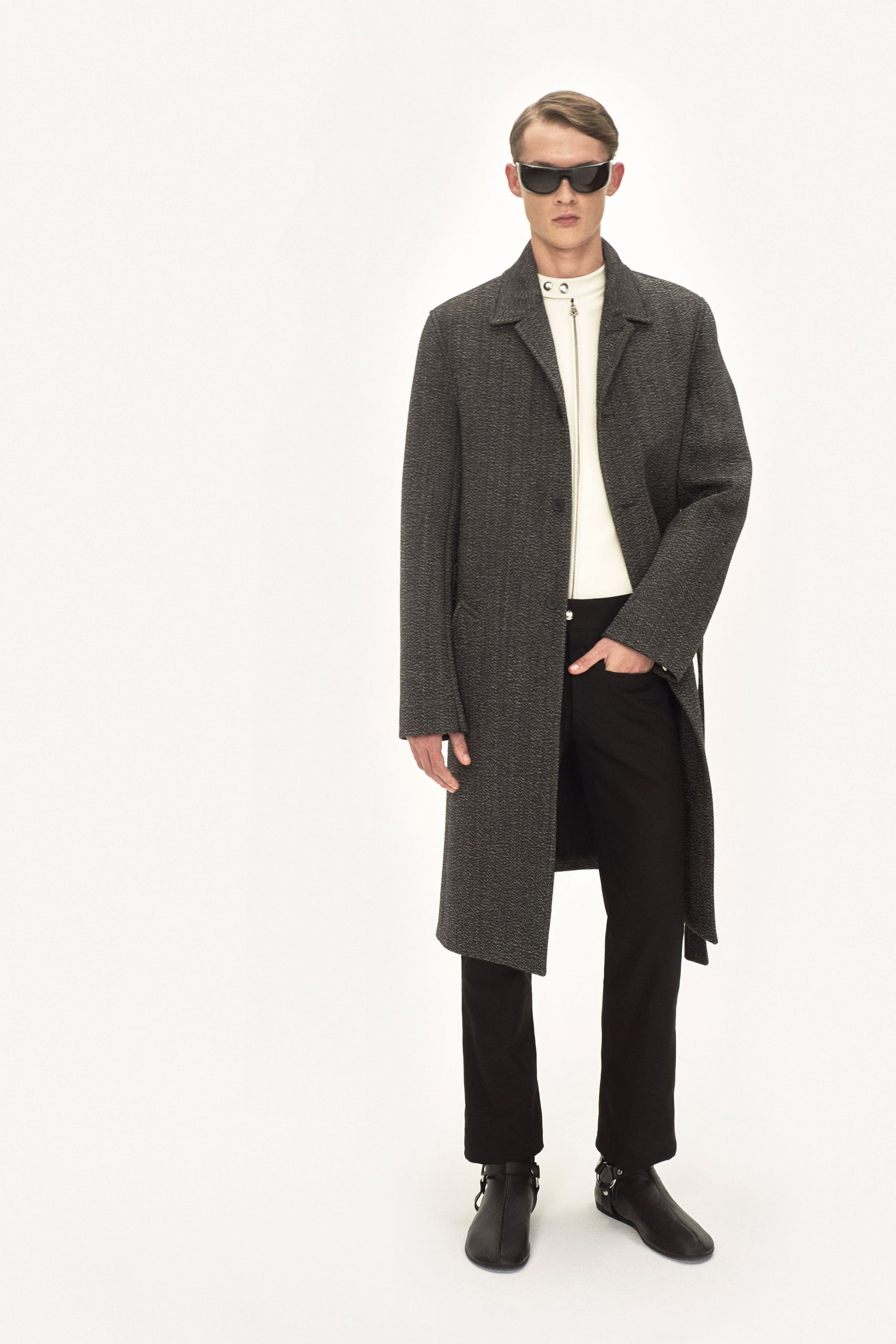 gray wool coat with black pants