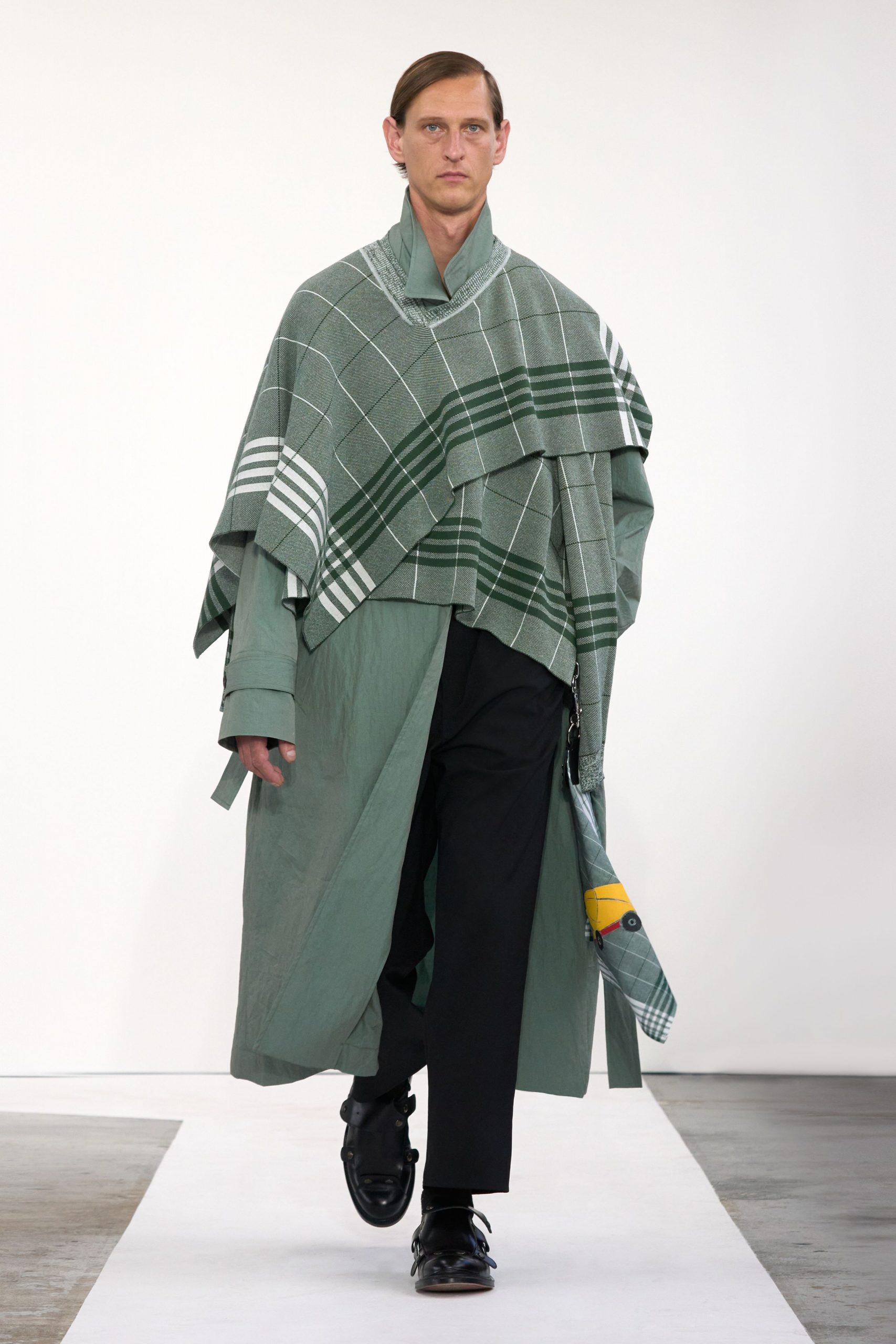 green cotton long-sleeve collared relaxed checked layered coat