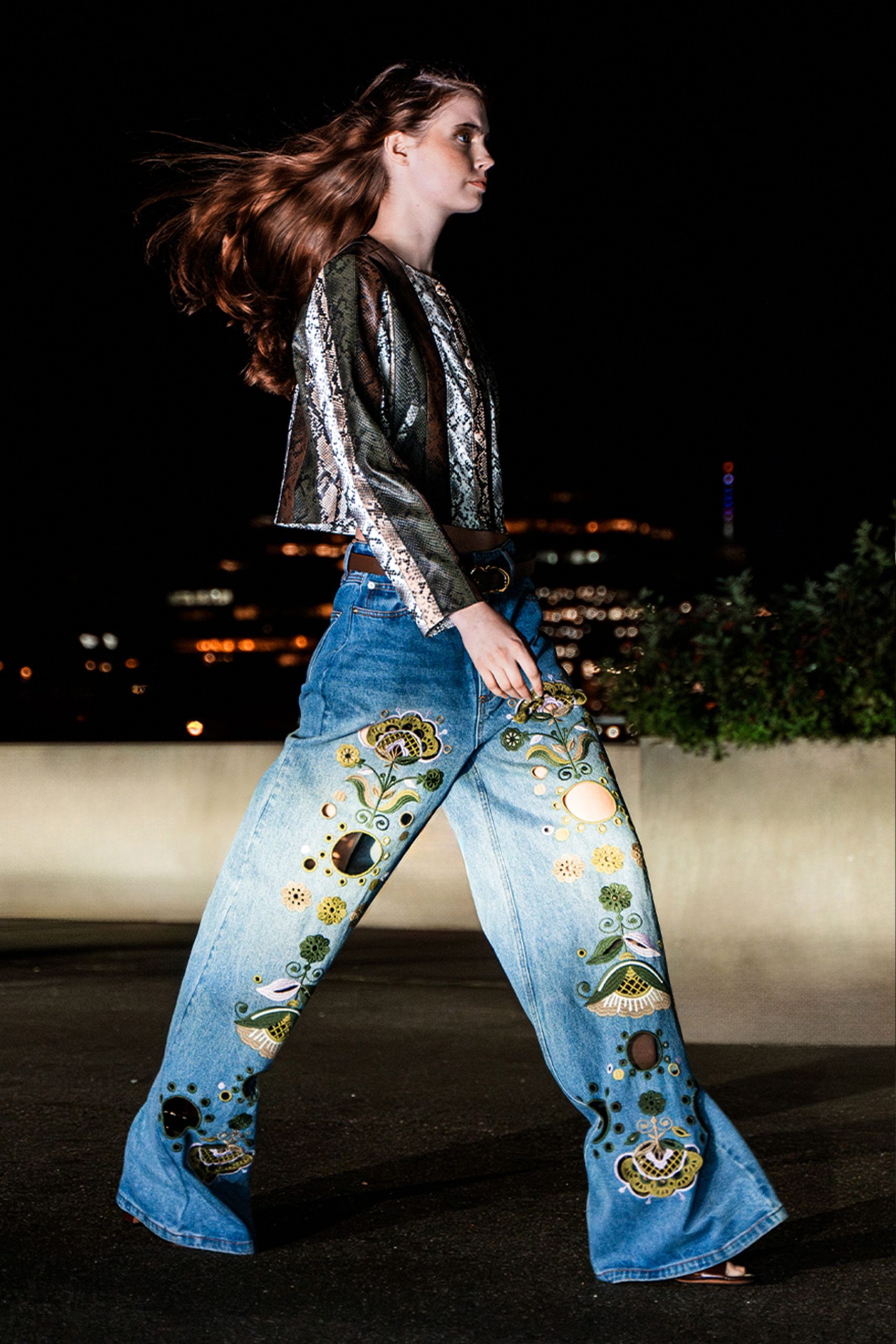 gray silk long-sleeve collared relaxed embroidered top
