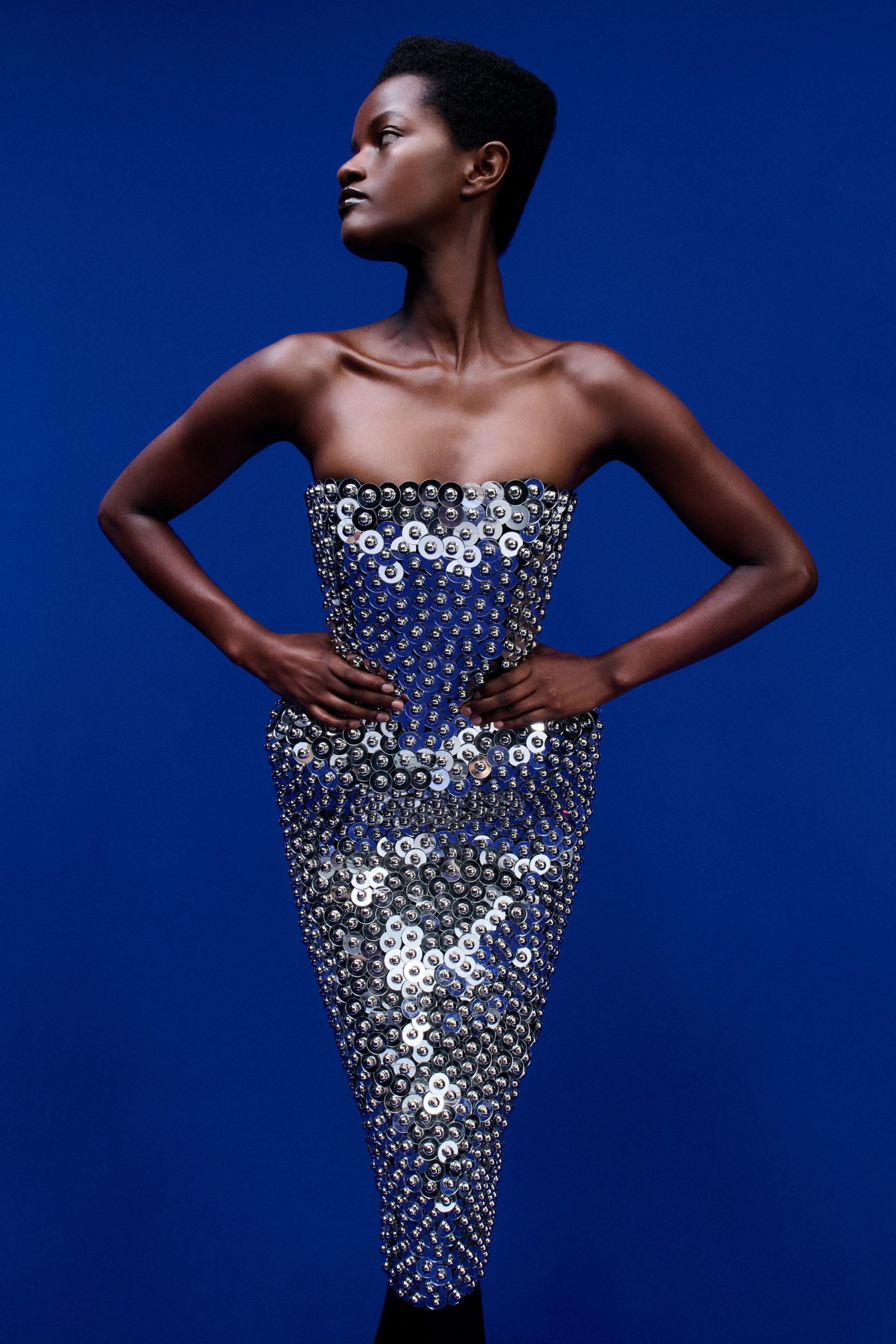 blue sequin strapless gown