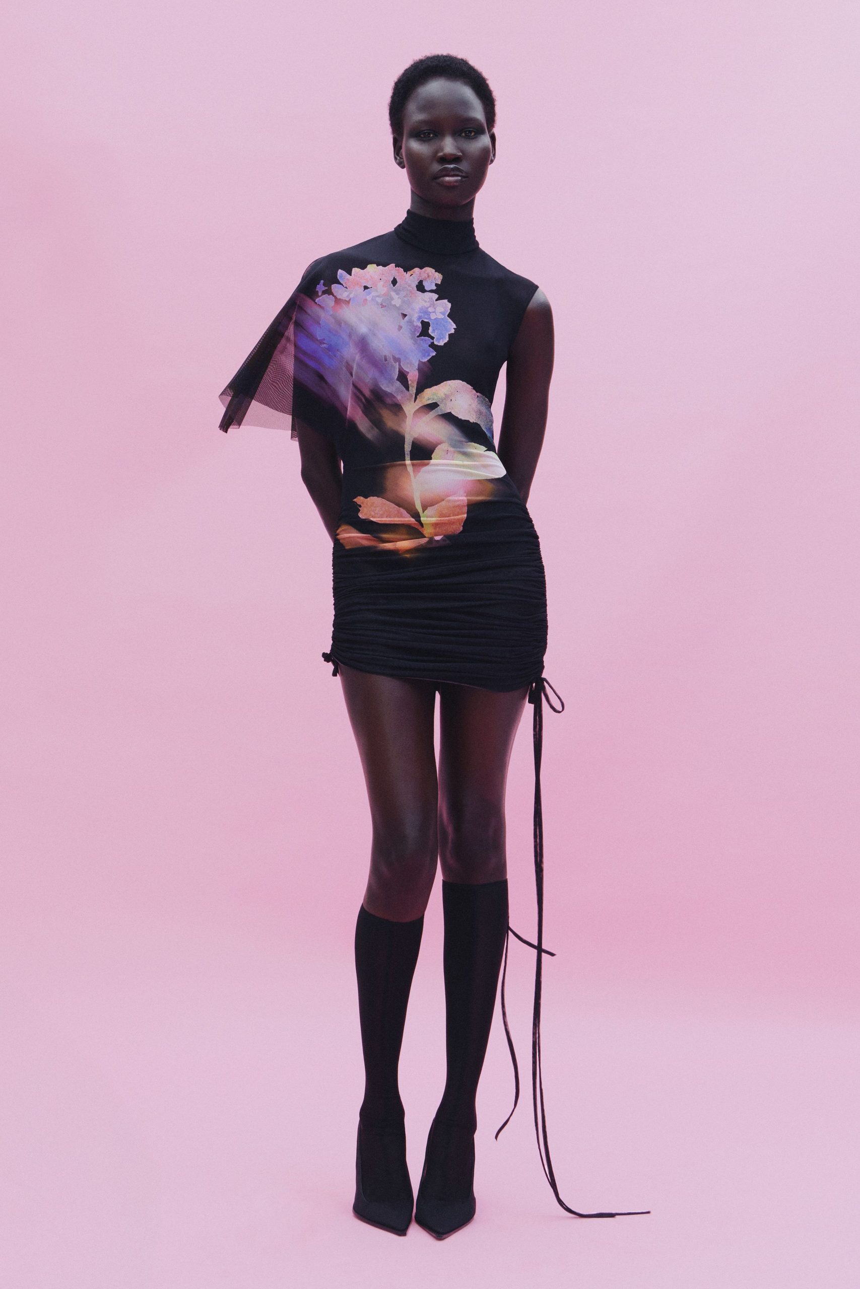 black silk long-sleeve high-neck fitted ruched printed mini-dress