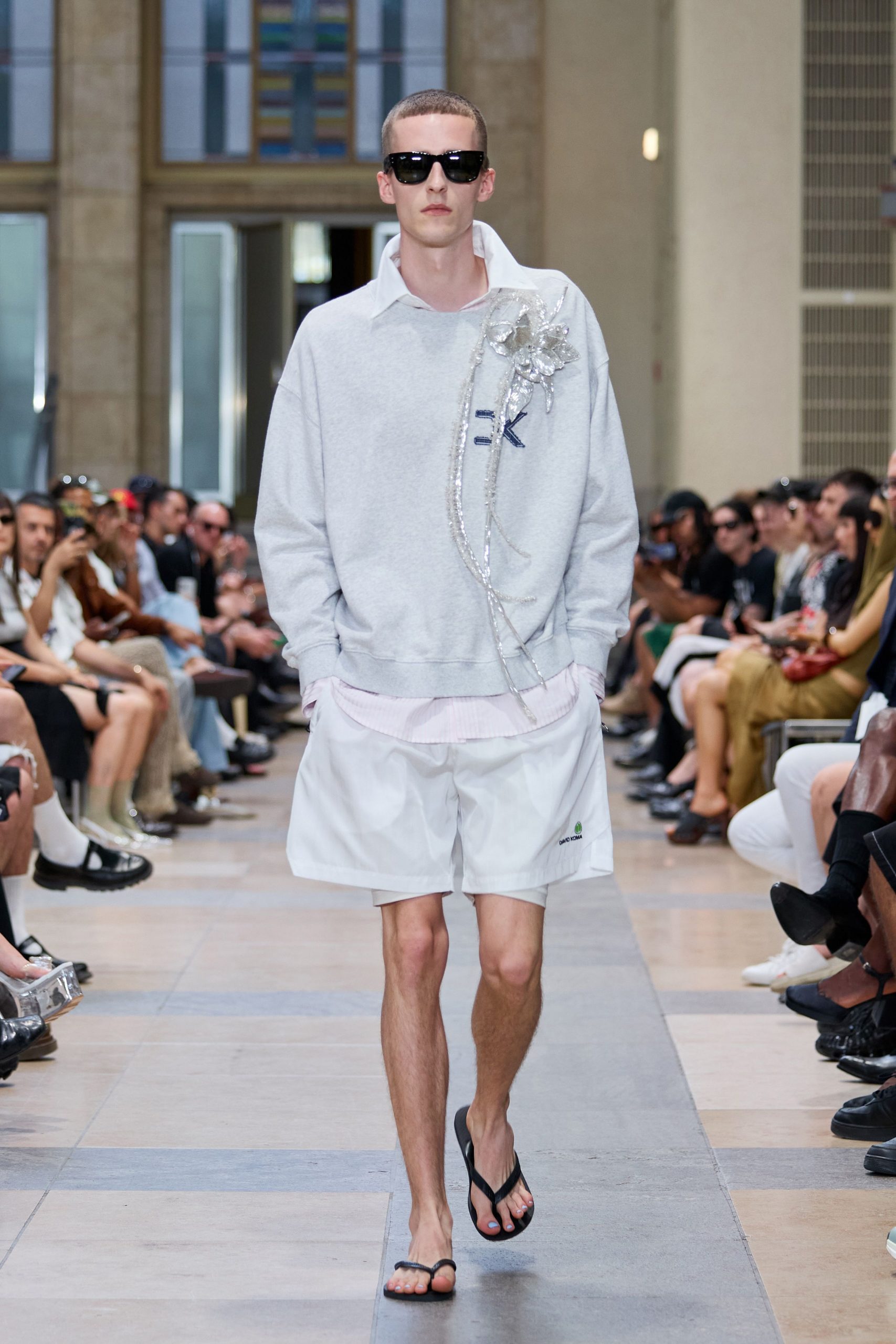 gray hoodie white shirt shorts