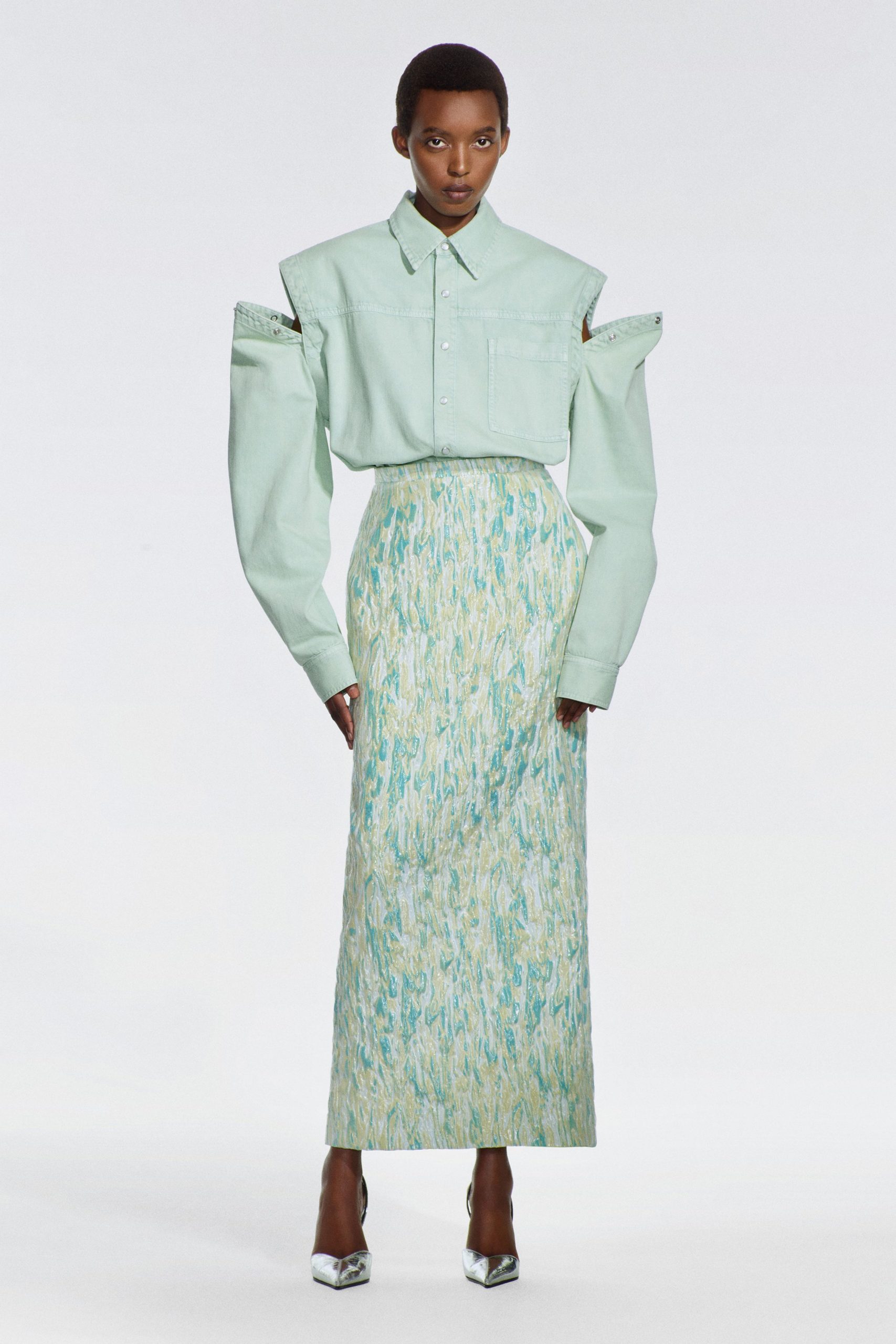 mint shirt blue green maxi skirt