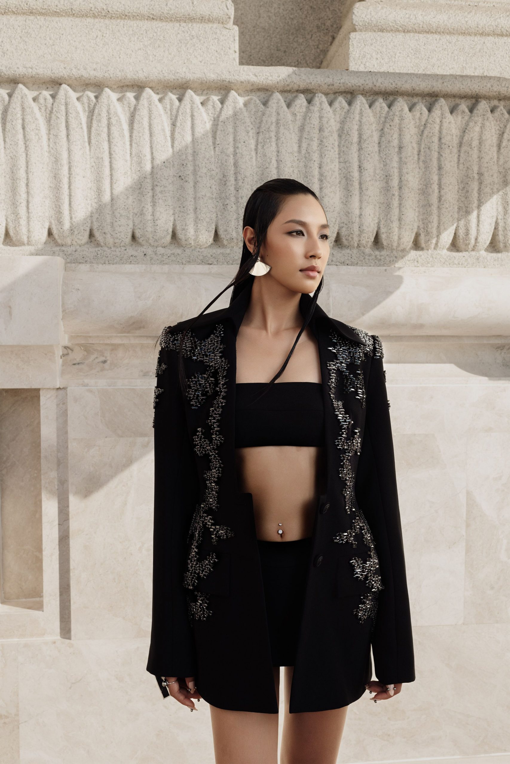 black embroidered blazer with crop top