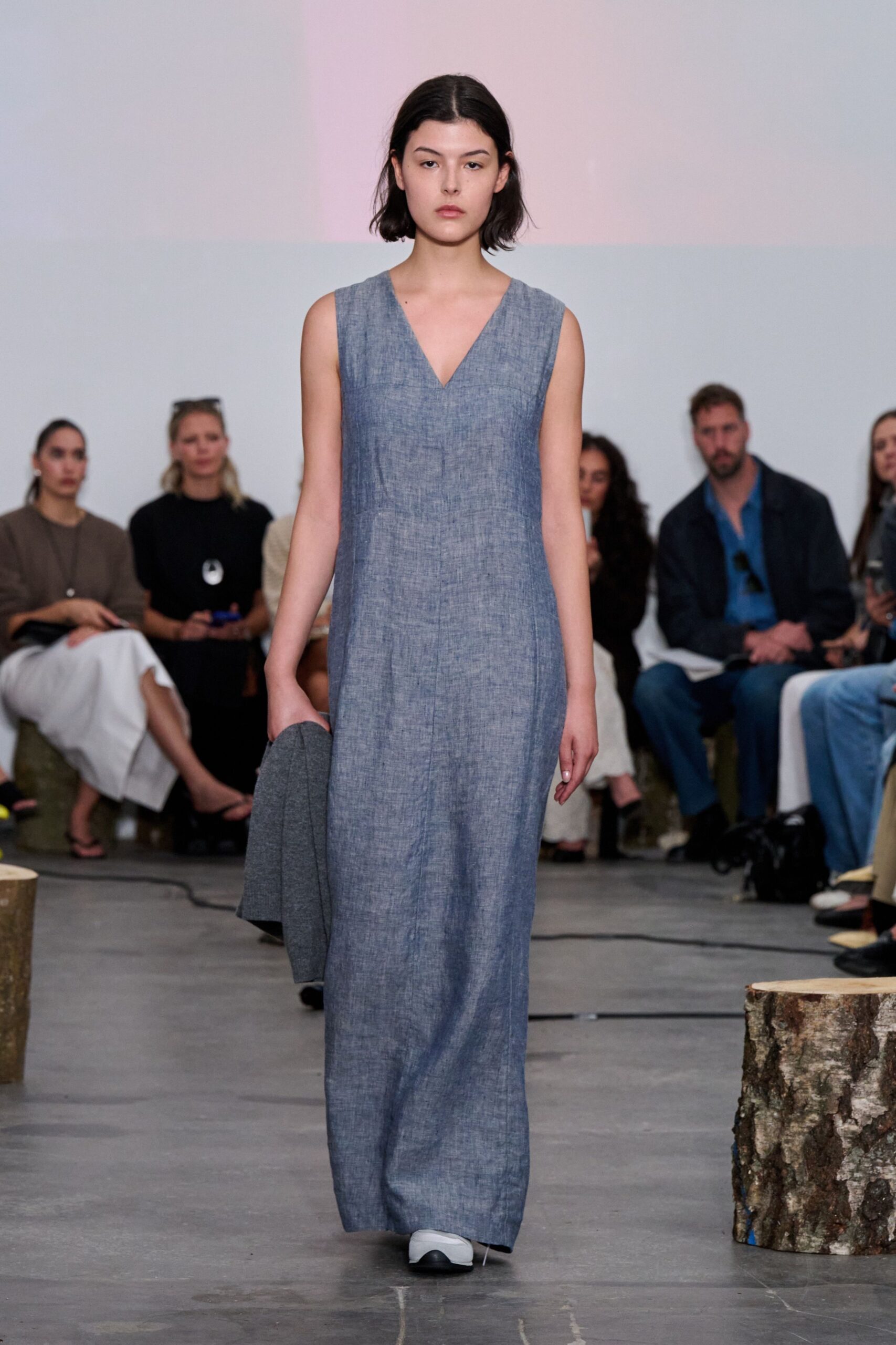 blue cotton maxi-dress with gray jacket
