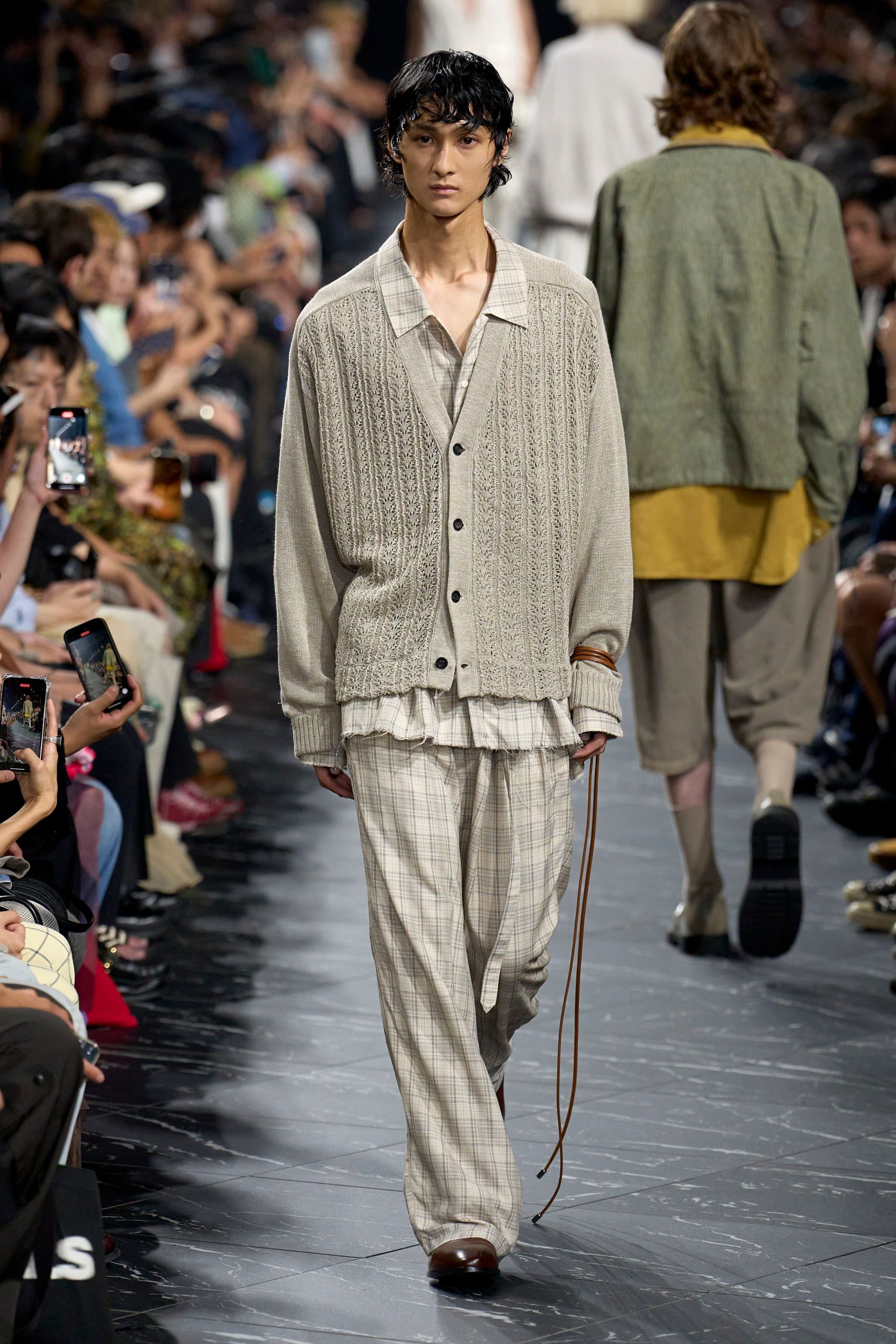 beige cardigan with white shirt and gray pants