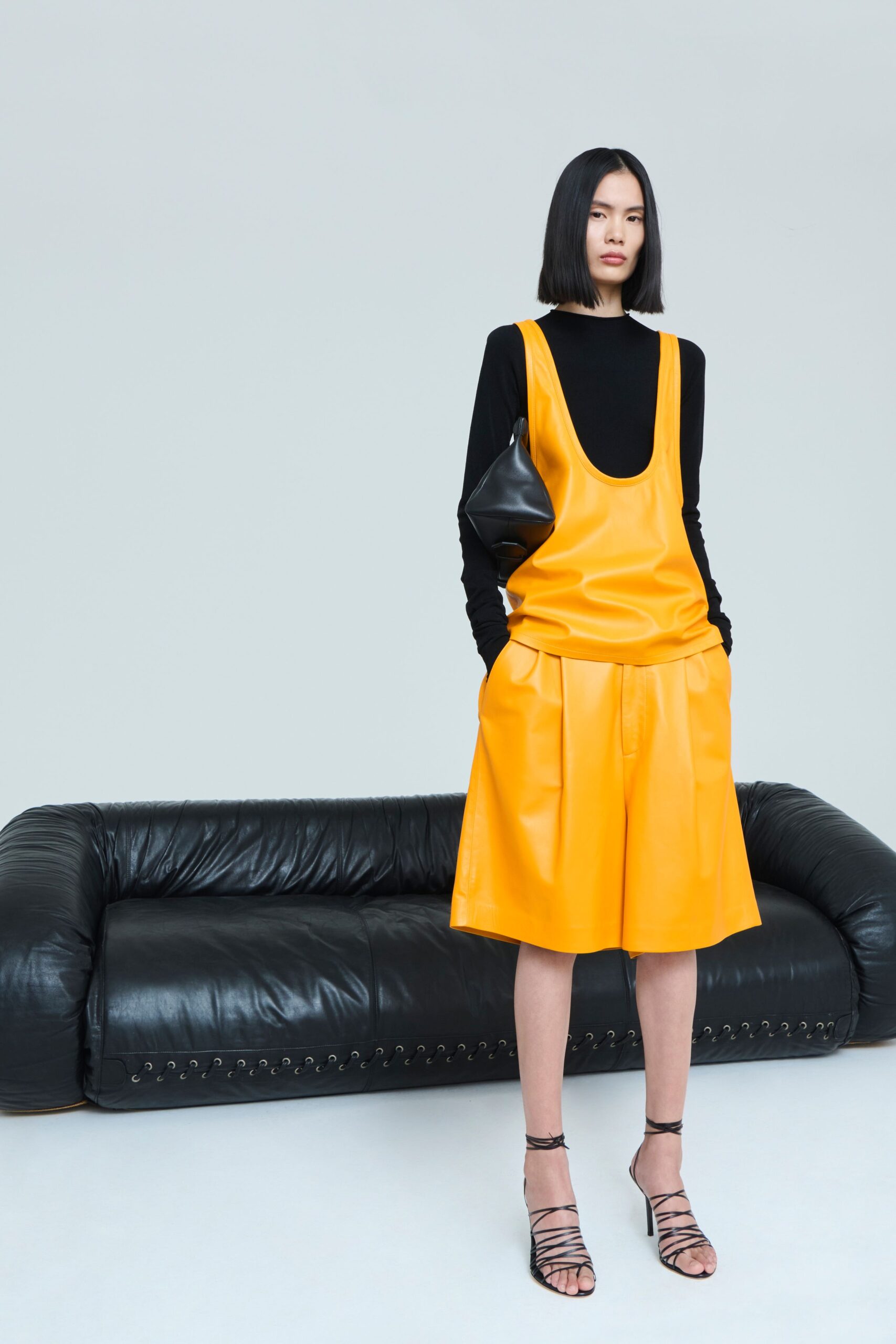 yellow leather relaxed pleated shorts