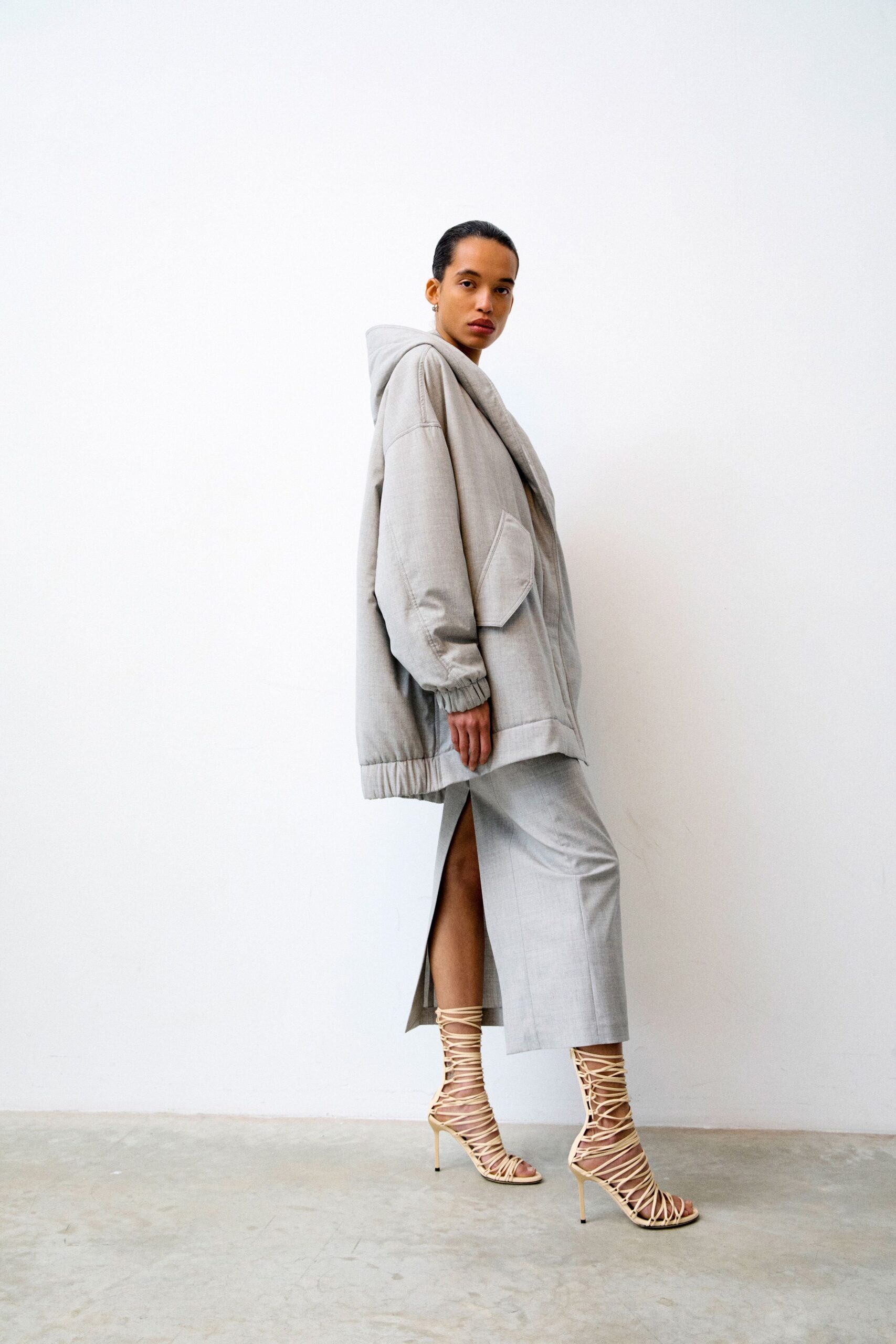 gray oversized jacket with slim pants